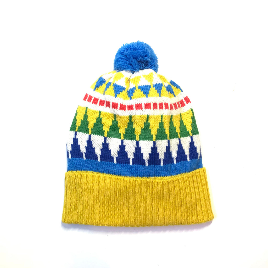 Knitted Lambswool Bobble Hat / Geometric Fairisle Winter Woolly Hat - Adult Size Beanie