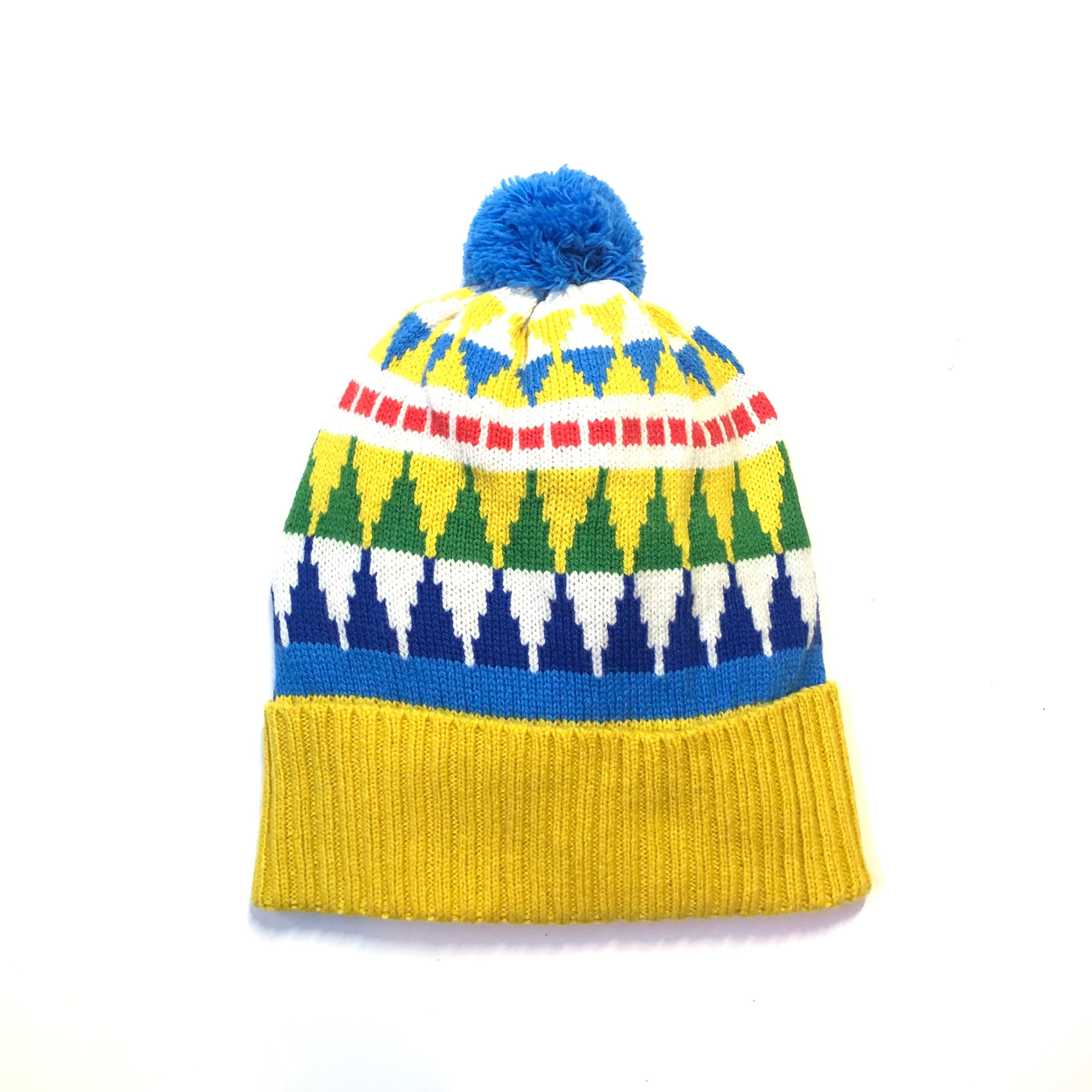 Knitted Lambswool Bobble Hat / Geometric Fairisle Winter Woolly Hat - Adult Size Beanie