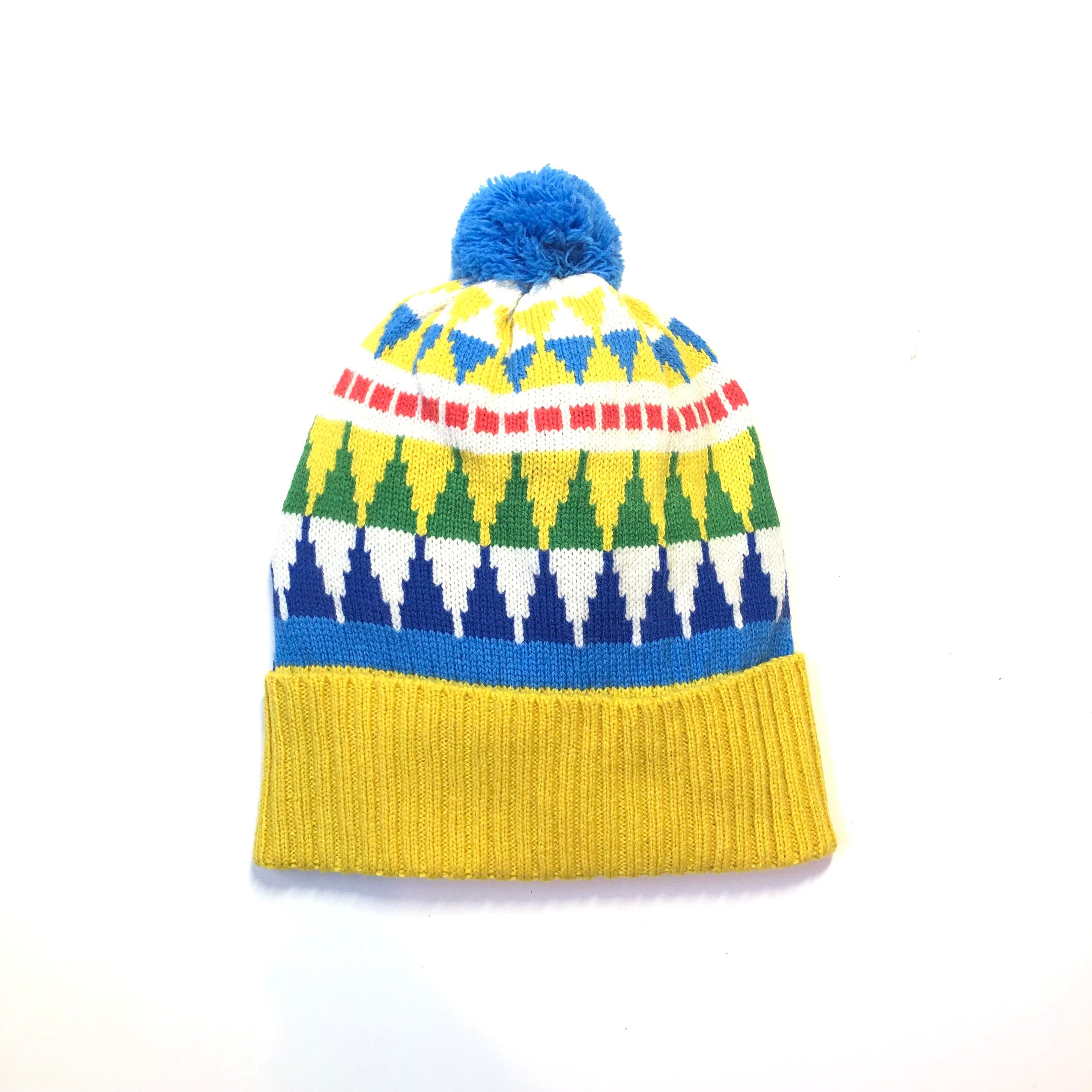 Knitted Lambswool Bobble Hat / Geometric Fairisle Winter Woolly Hat - Adult Size Beanie