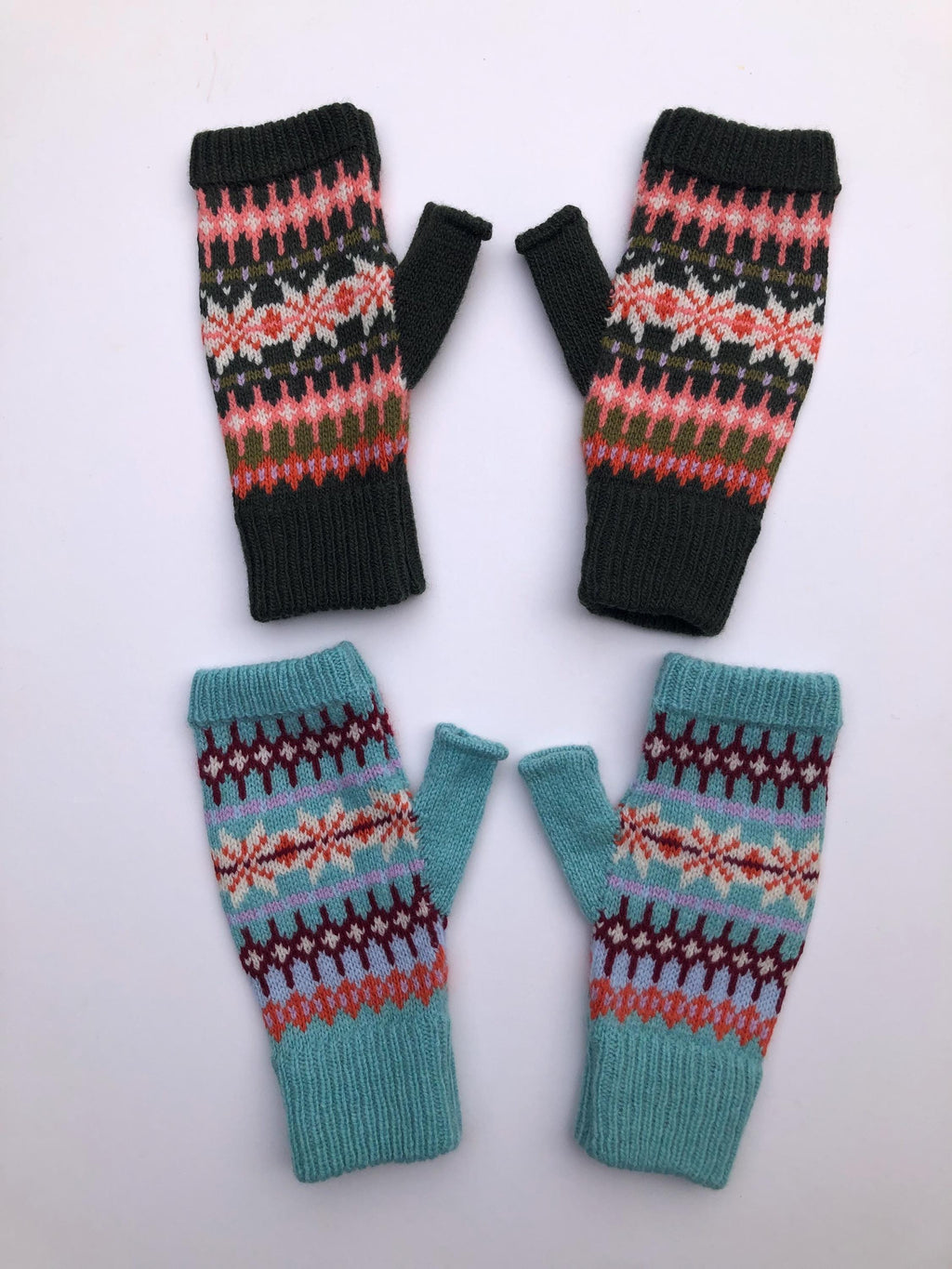 Green Fairisle Fingerless Gloves for Women - Knitted in Soft Lambswool.