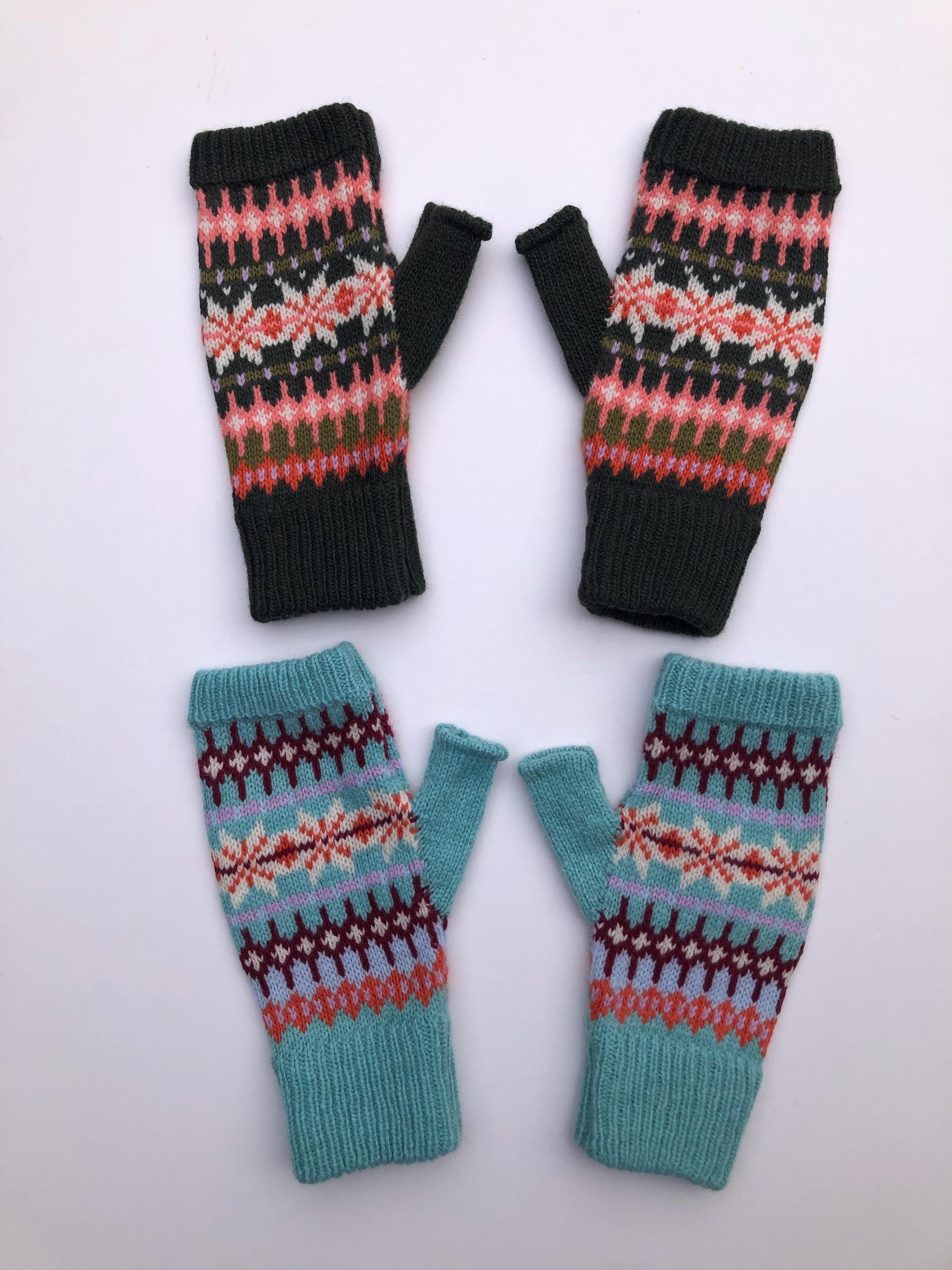 Green Fairisle Fingerless Gloves for Women - Knitted in Soft Lambswool.