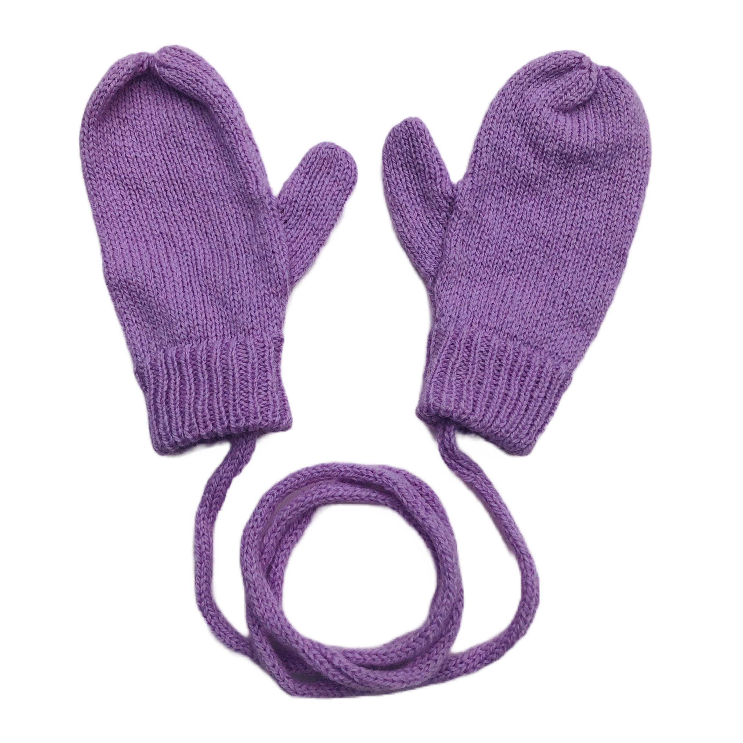 Lilac Lambswool Mittens on a String: Hand-Knitted Kids Gloves