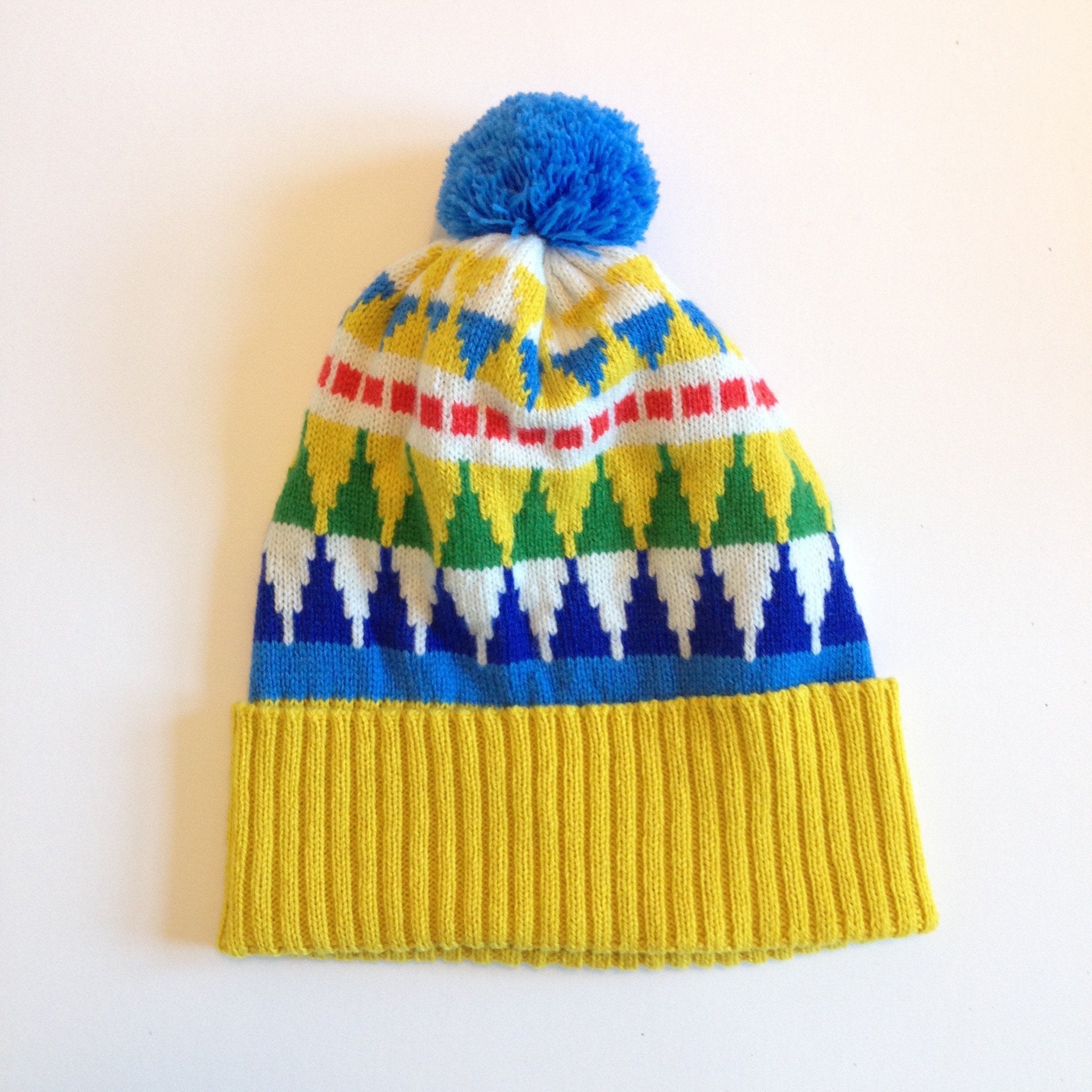 Knitted Lambswool Bobble Hat / Geometric Fairisle Winter Woolly Hat - Adult Size Beanie