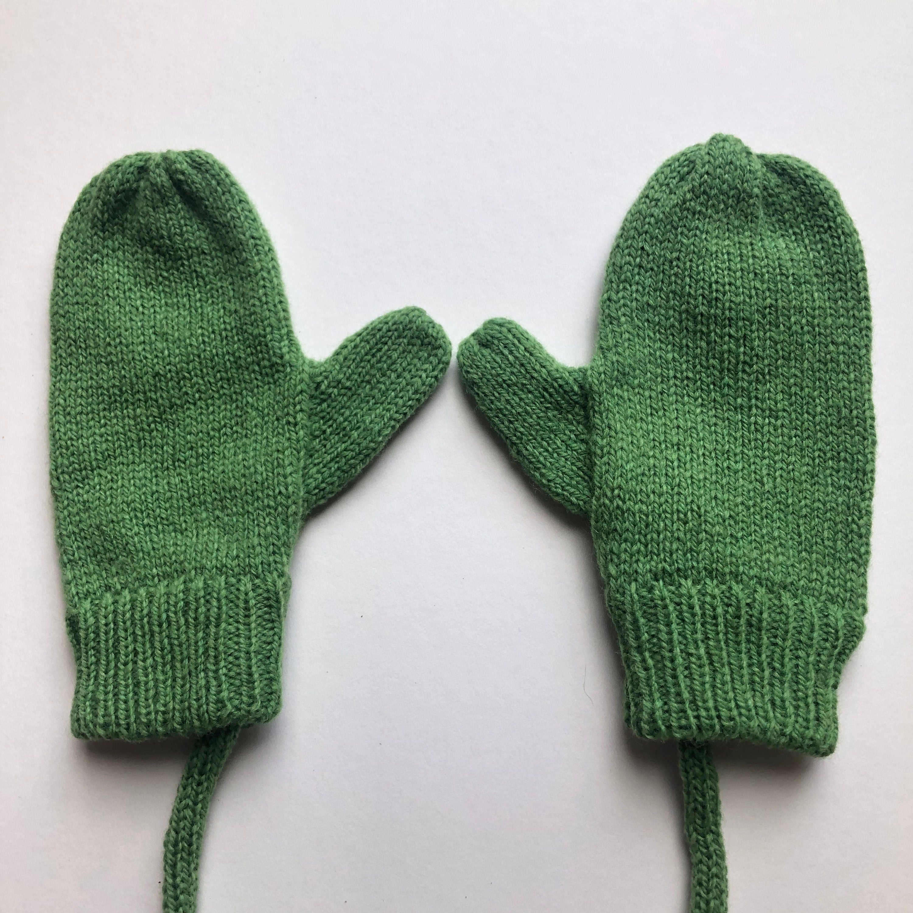 Green Lambswool Mittens on a String: Kids Knit Gloves