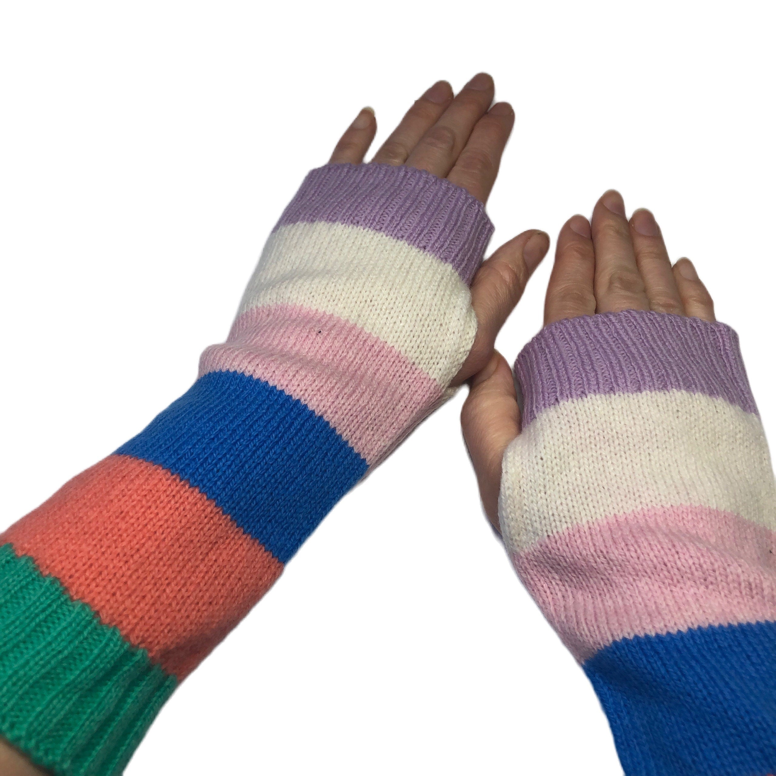 Handmade Lambswool Fingerless Gloves: Knitted Stripy Wrist Warmers