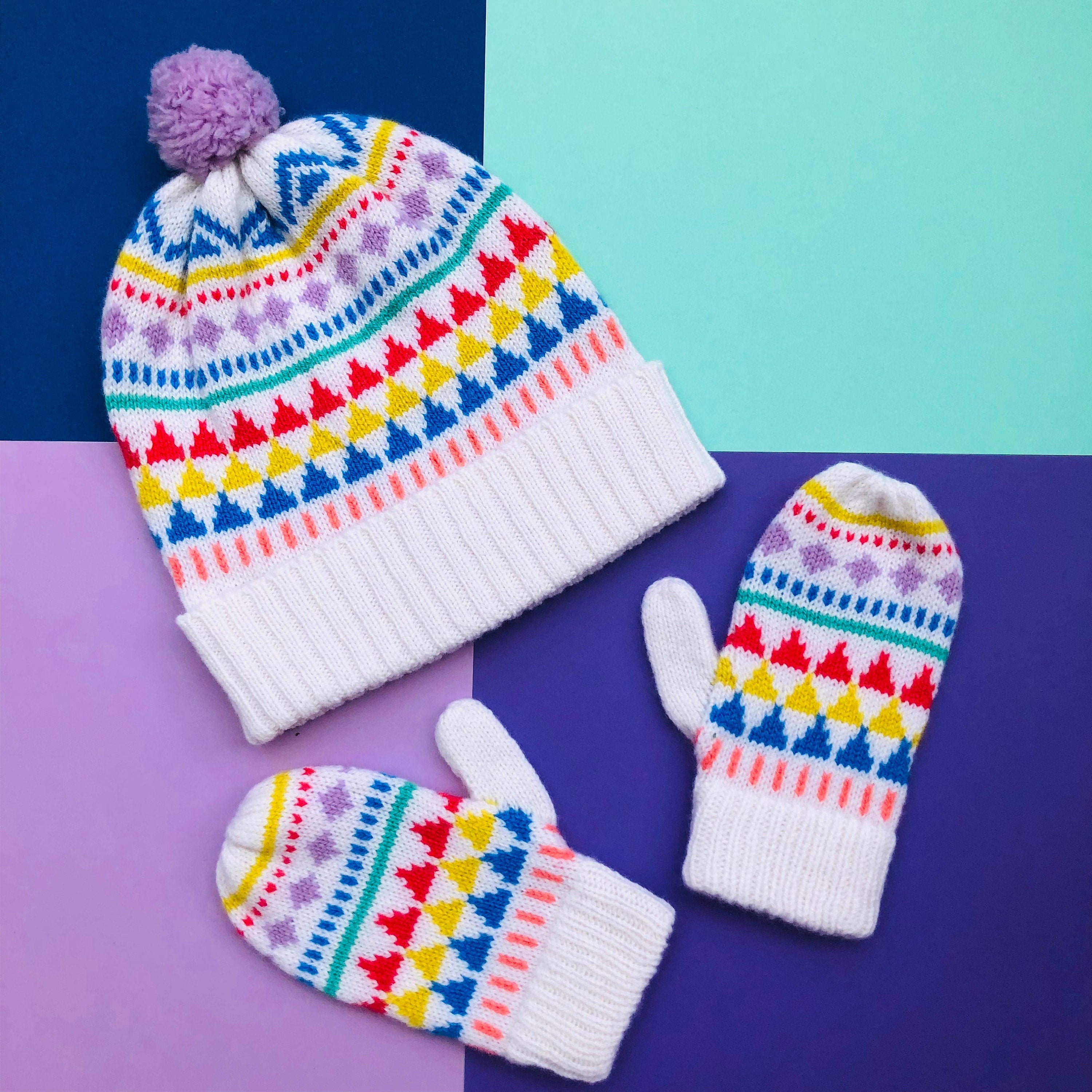 Lambswool Kids Mittens on a String: Geometric Fairisle Knit