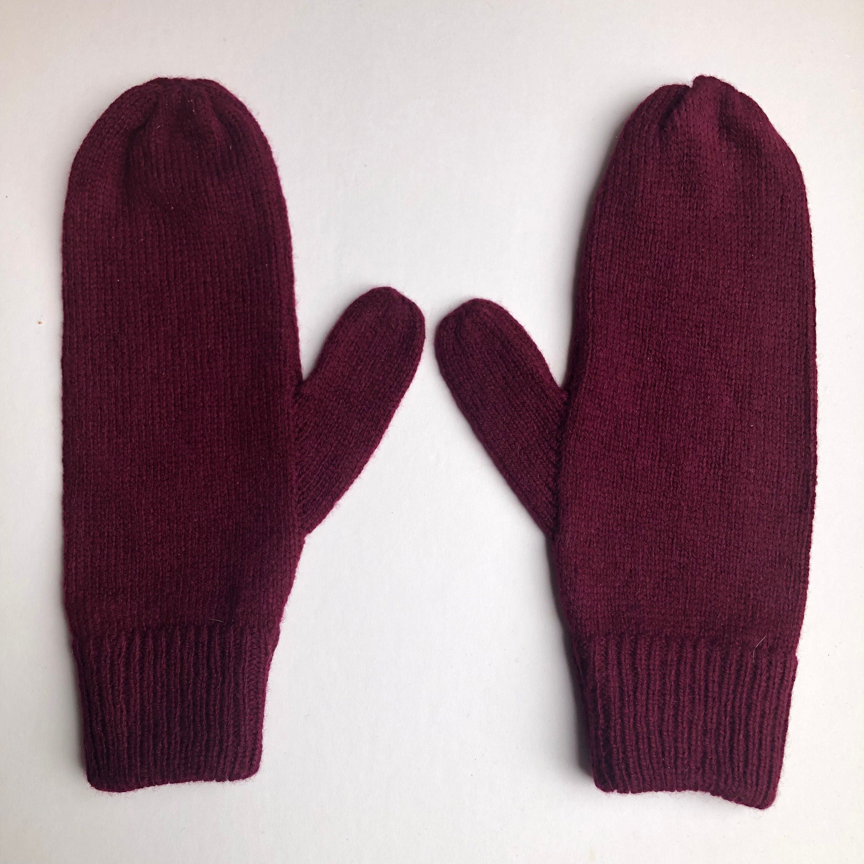 Maroon Lambswool Mittens on a String: Hand-Knitted Women's Gloves