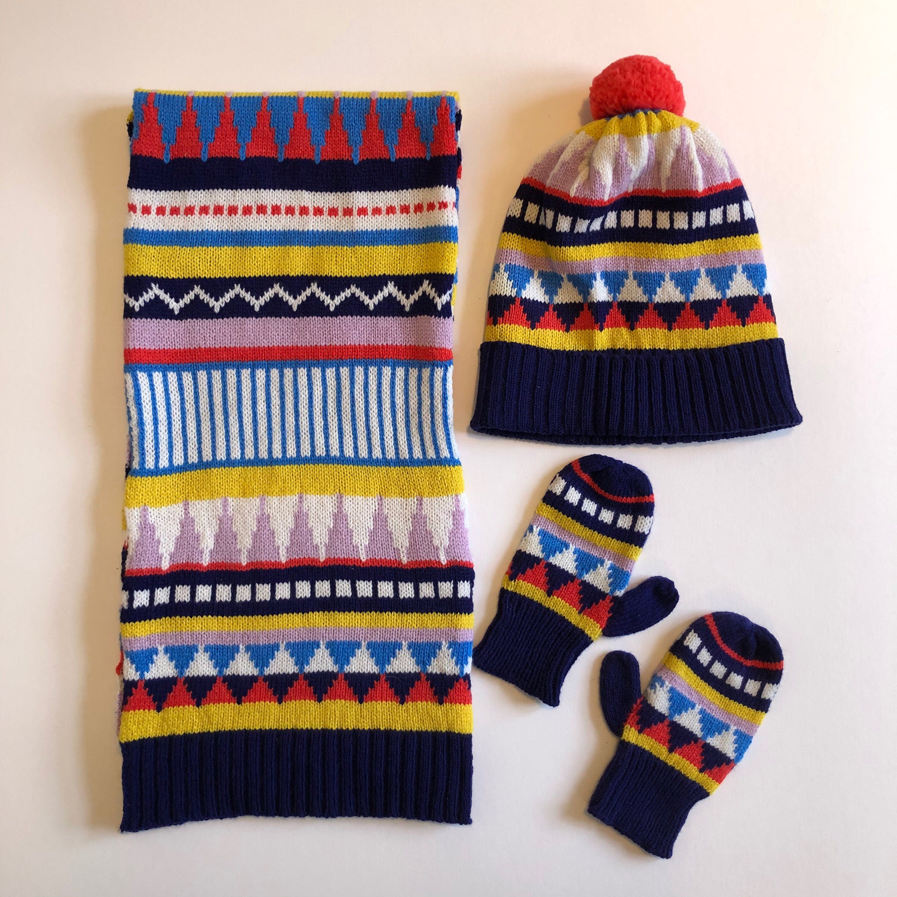 Fair Isle Lambswool Kids Beanie: Geometric Knit Bobble Hat