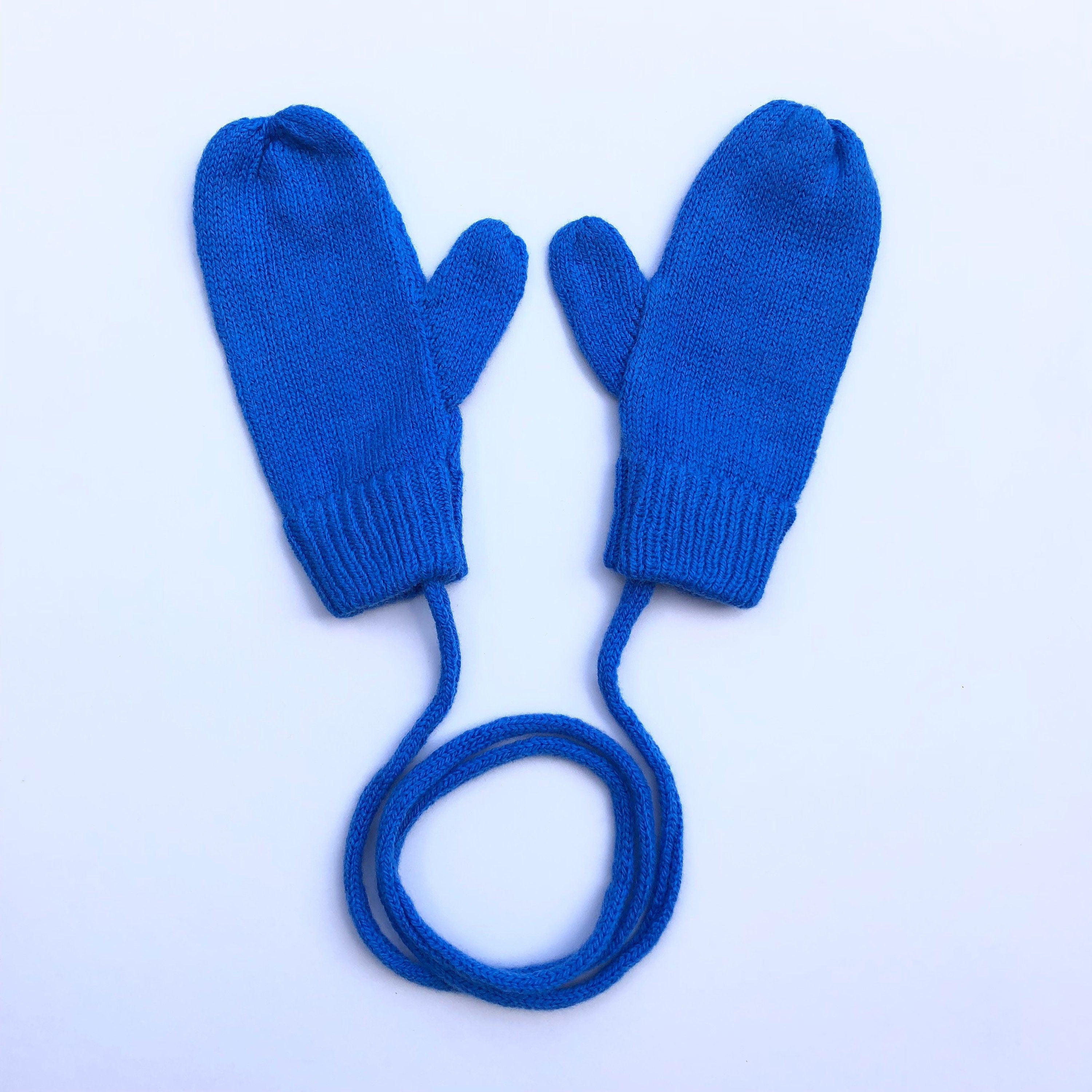 Light Blue Lambswool Mittens on a String: Knitted Kids Gloves