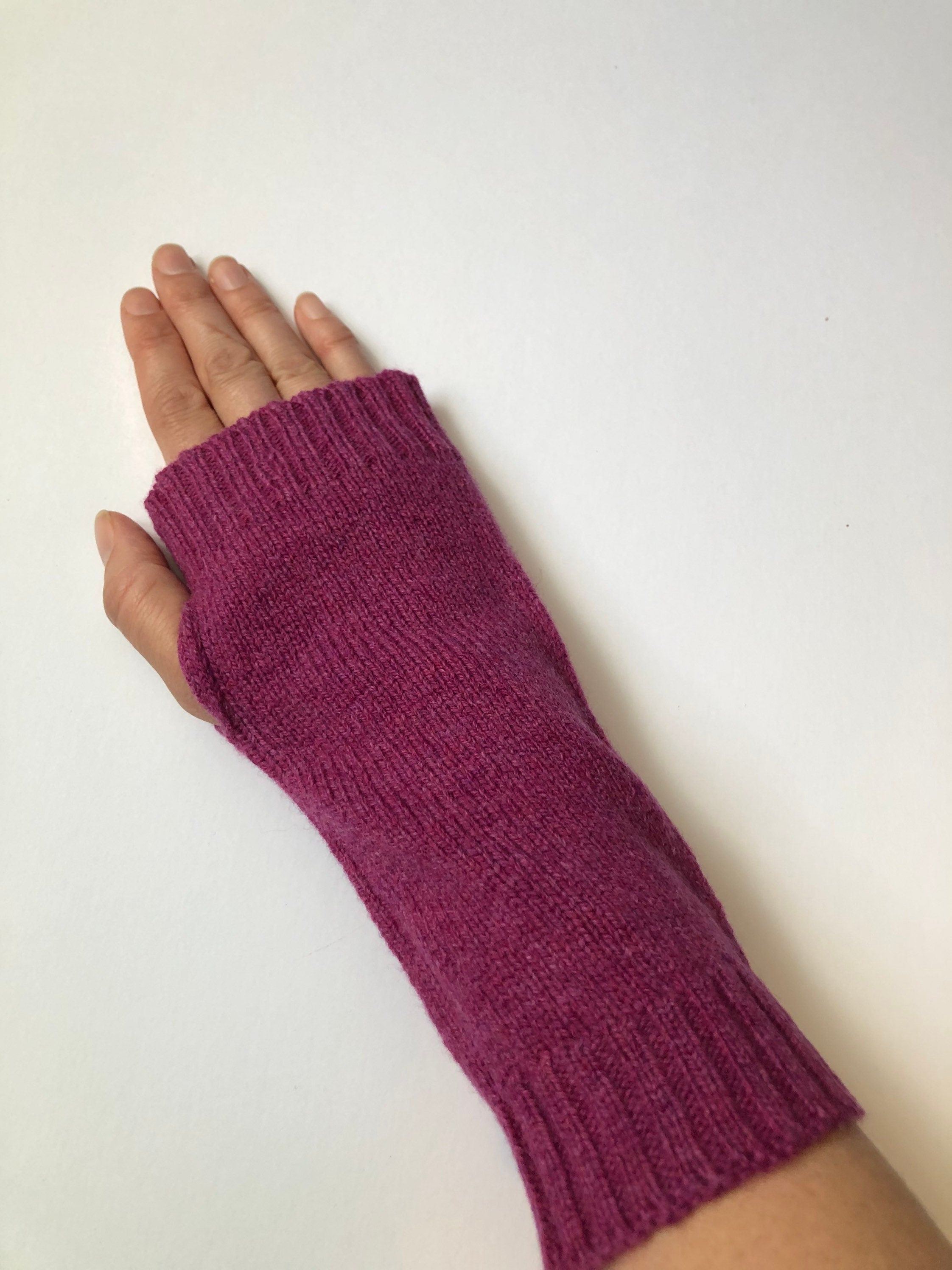 Loganberry Lambswool Fingerless Gloves: Hand Knitted Wrist Warmers