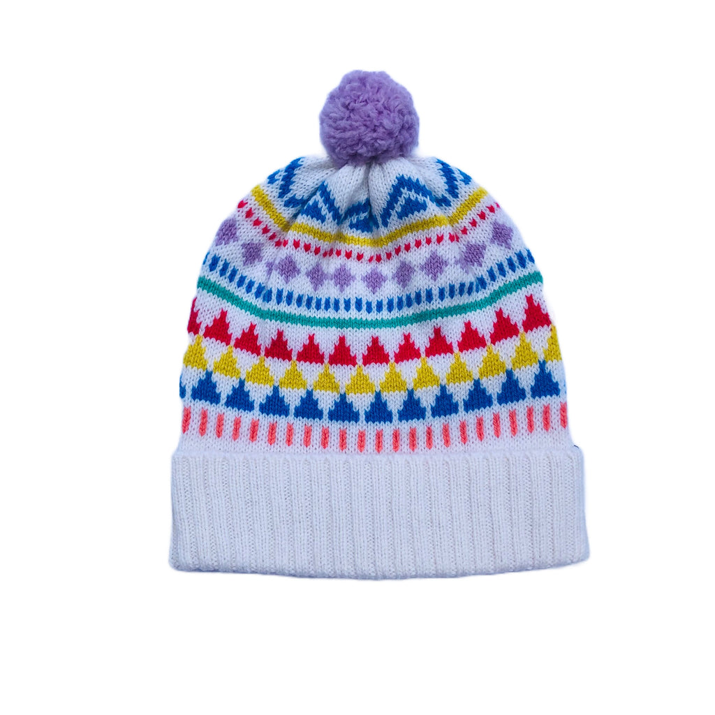 Kids Lambswool Bobble Hat: Geometric Fair Isle Beanie