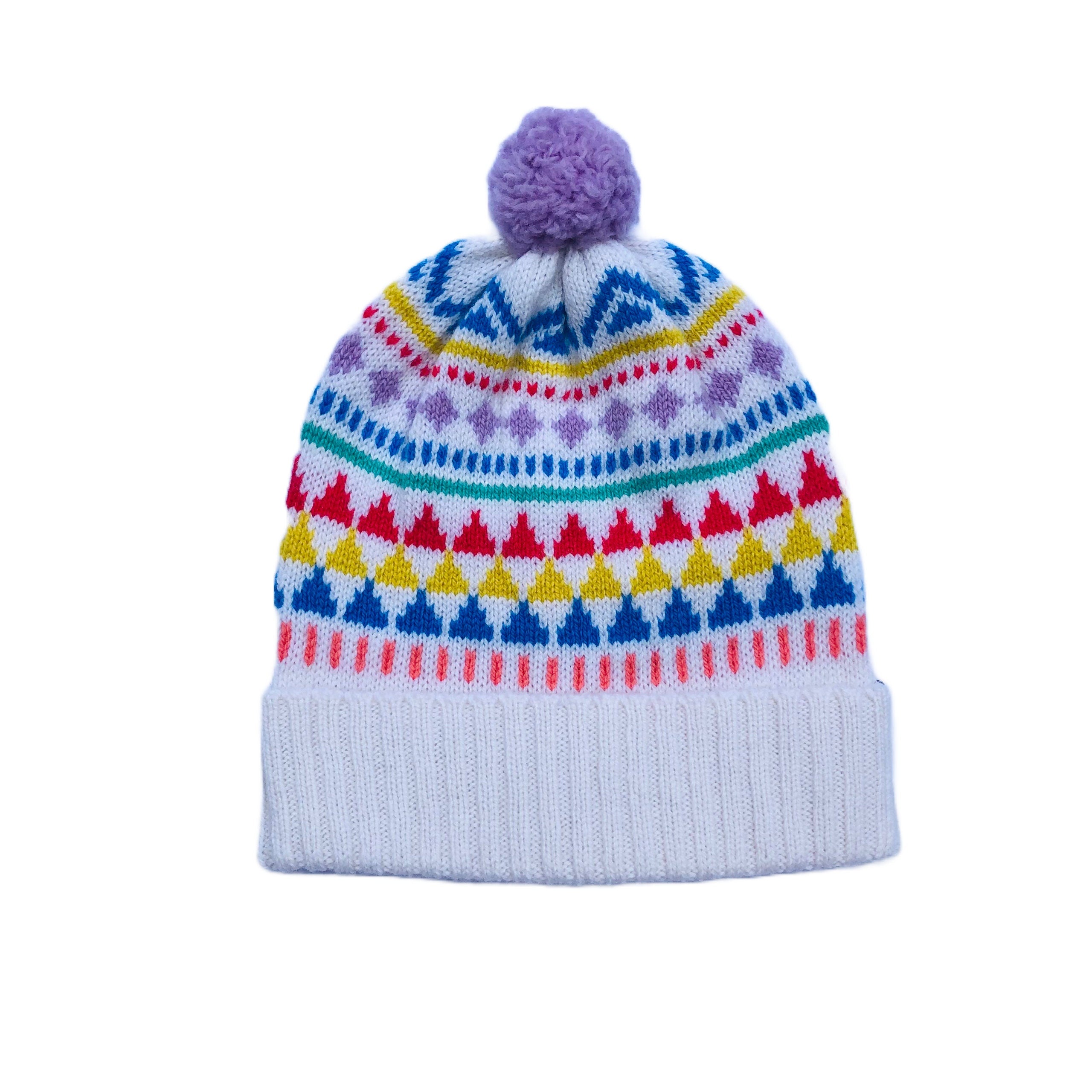 Kids Lambswool Bobble Hat: Geometric Fair Isle Beanie
