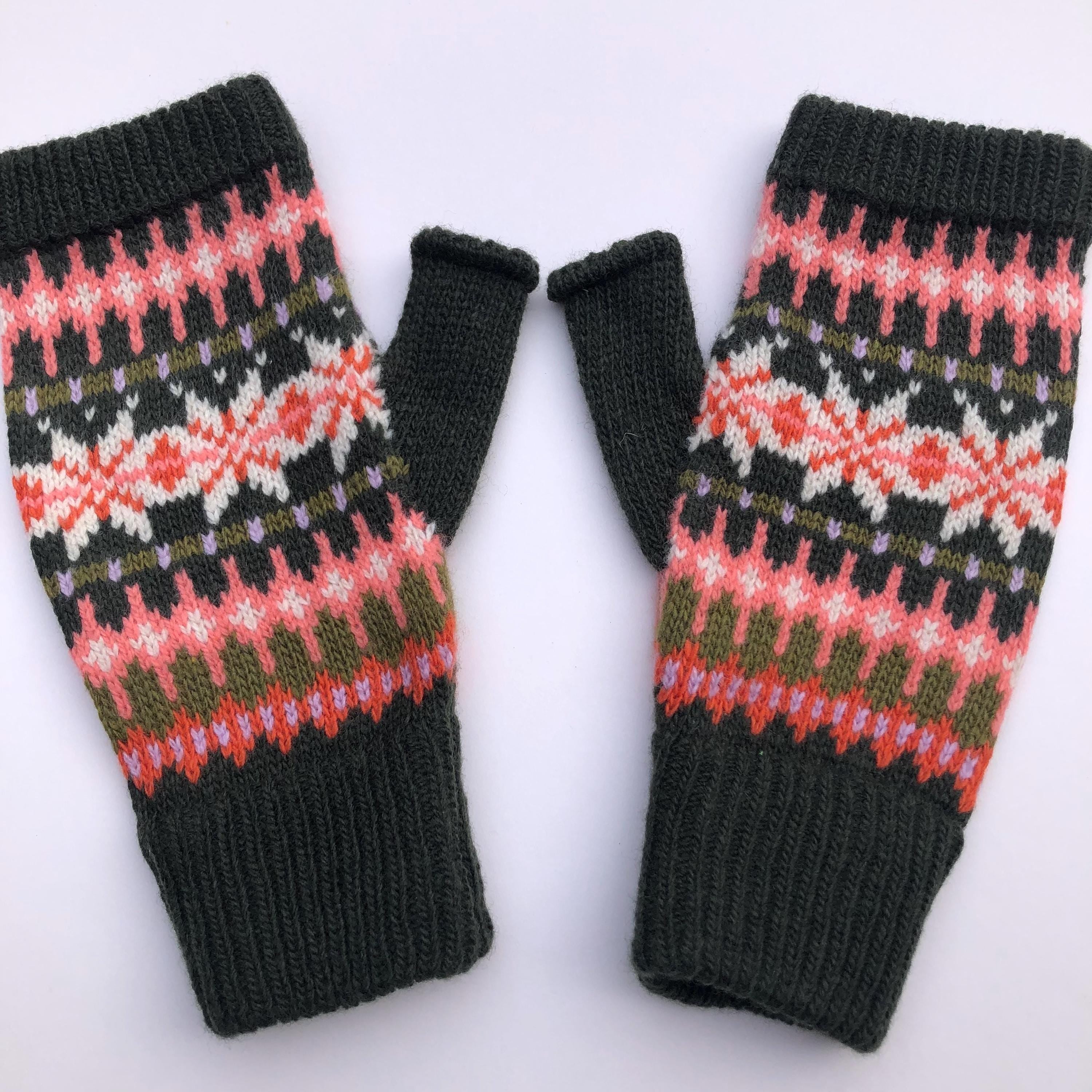 Green Fairisle Fingerless Gloves for Women - Knitted in Soft Lambswool.