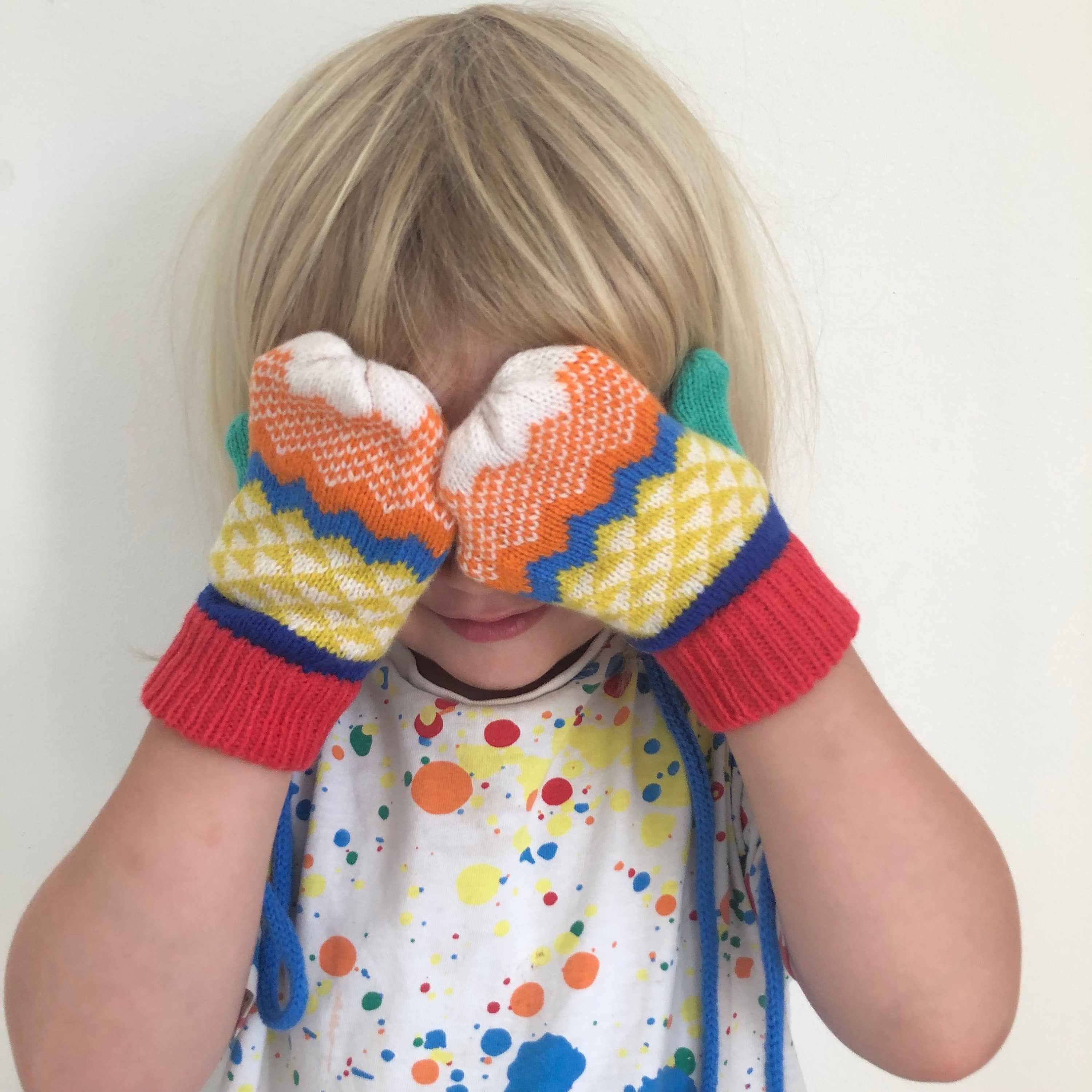Fair Isle Lambswool Kids Mittens on a String: Colorful Knit