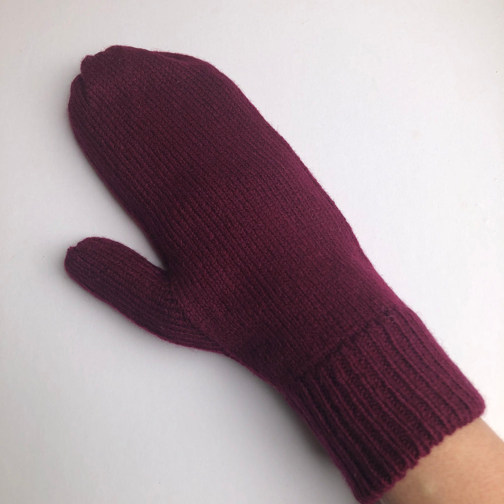Maroon Lambswool Mittens on a String: Hand-Knitted Women's Gloves