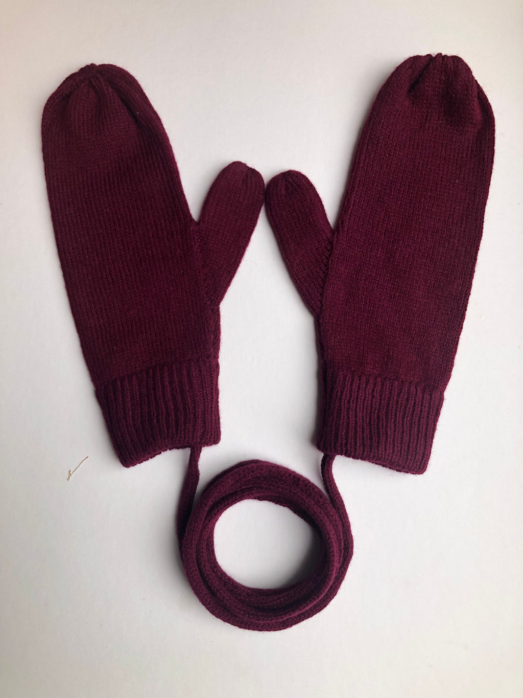 Maroon Lambswool Mittens on a String: Hand-Knitted Women's Gloves