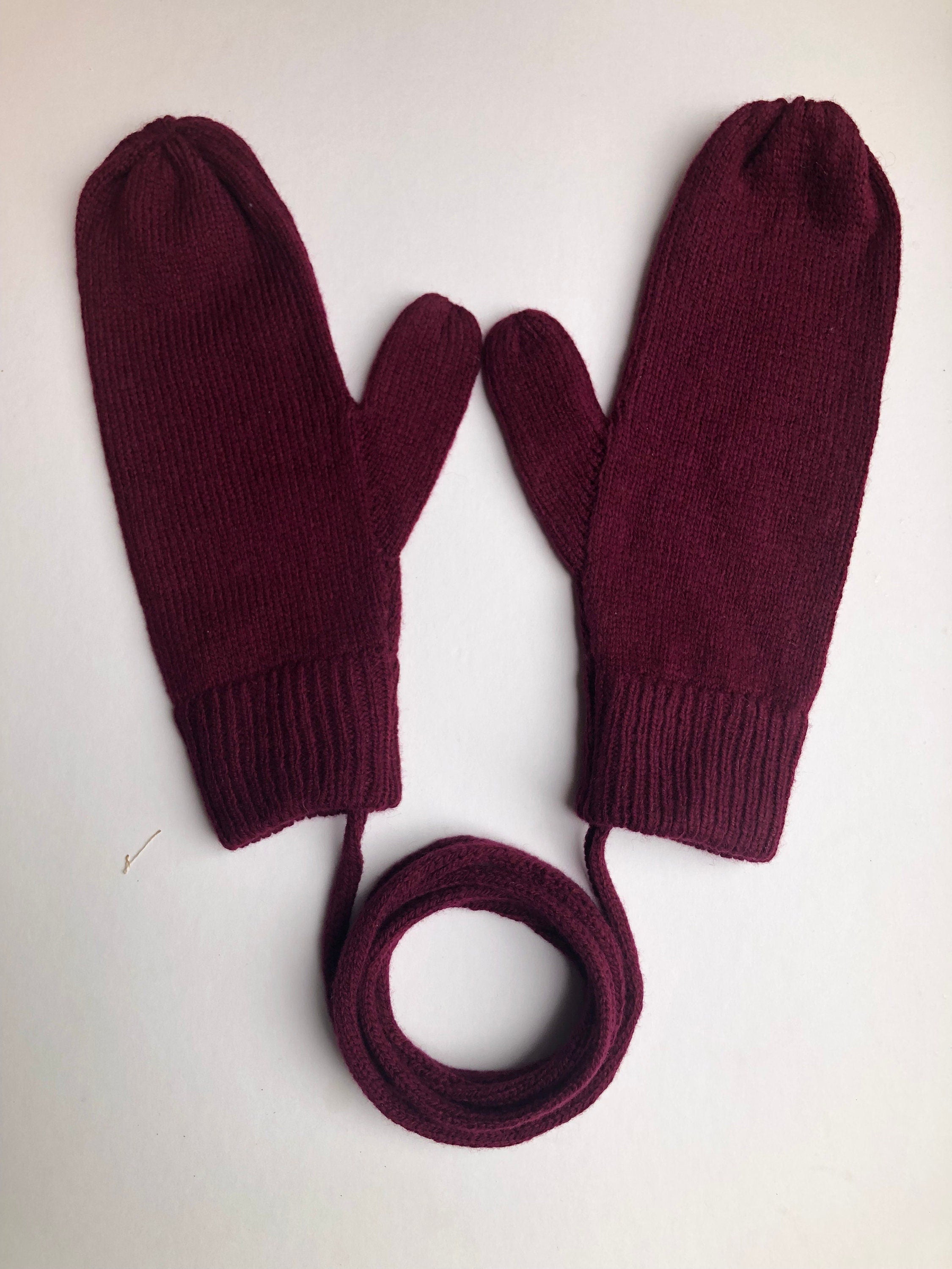 Maroon Lambswool Mittens on a String: Hand-Knitted Women's Gloves