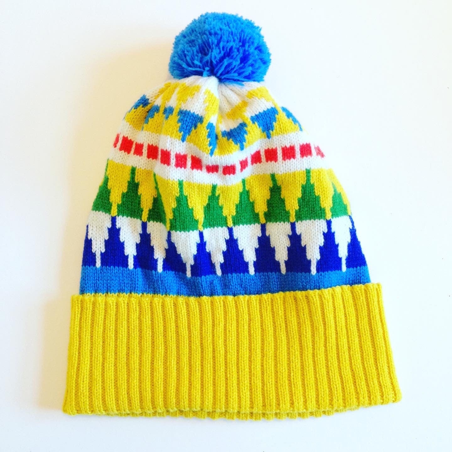Knitted Lambswool Bobble Hat / Geometric Fairisle Winter Woolly Hat - Adult Size Beanie