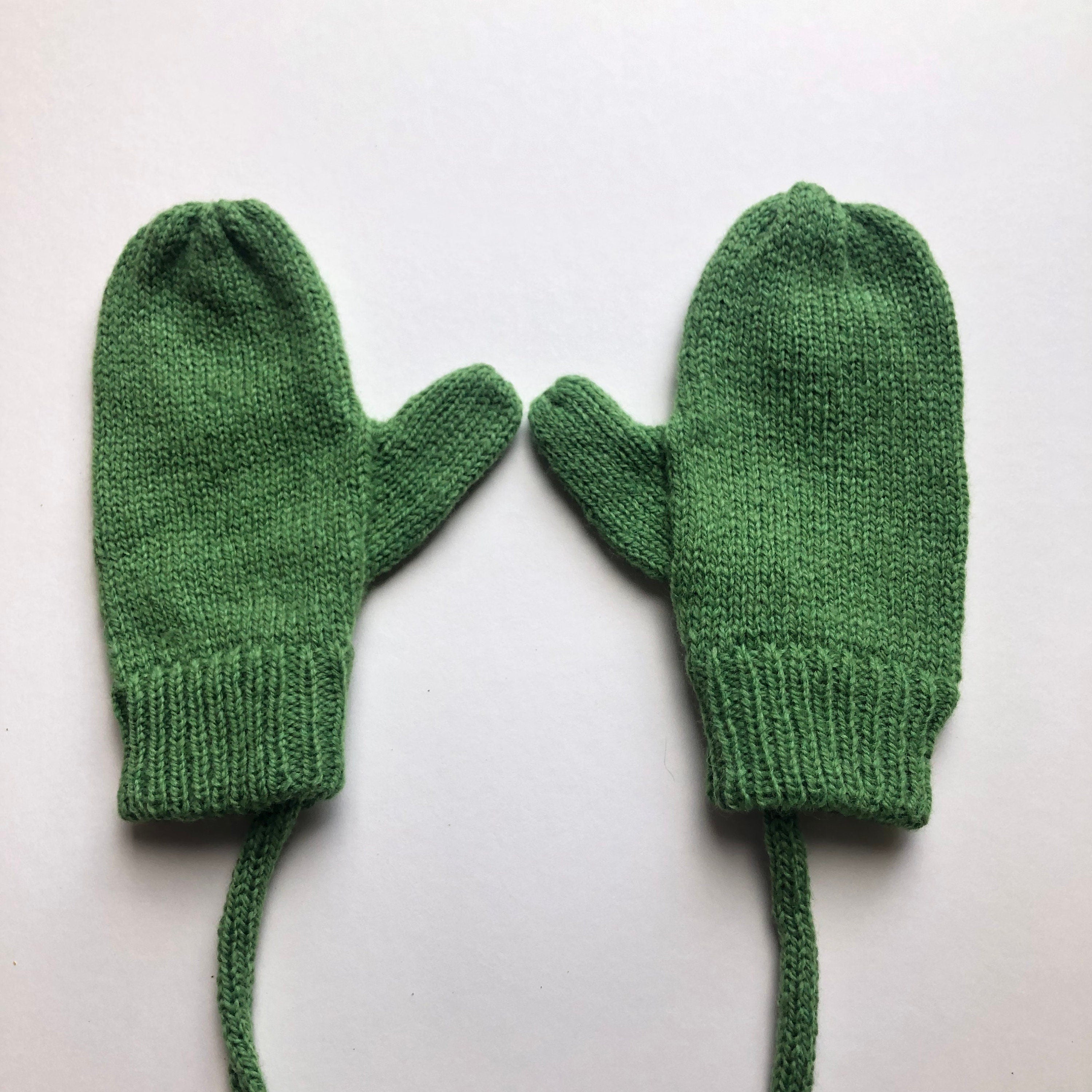 Green Lambswool Mittens on a String: Kids Knit Gloves