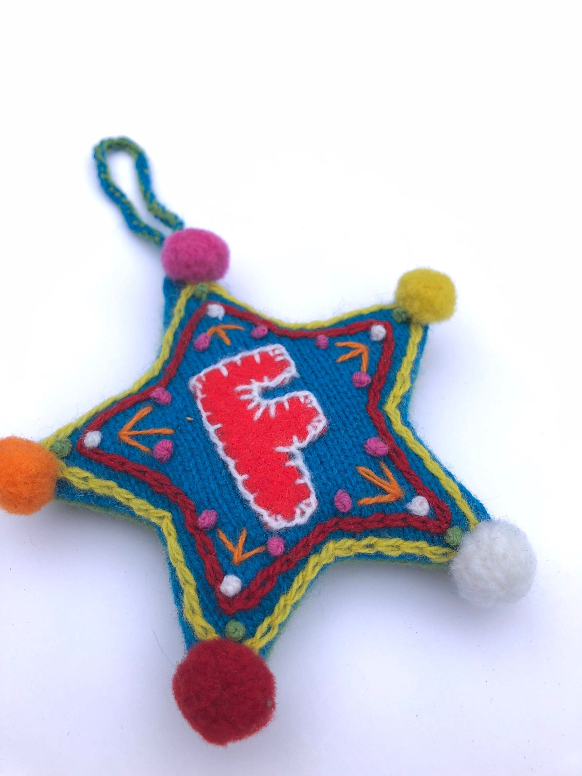 Letter Christmas Decoration / Alphabet Hanging Ornament / Festive Knitted and Embroidered Bauble / Teal base colour