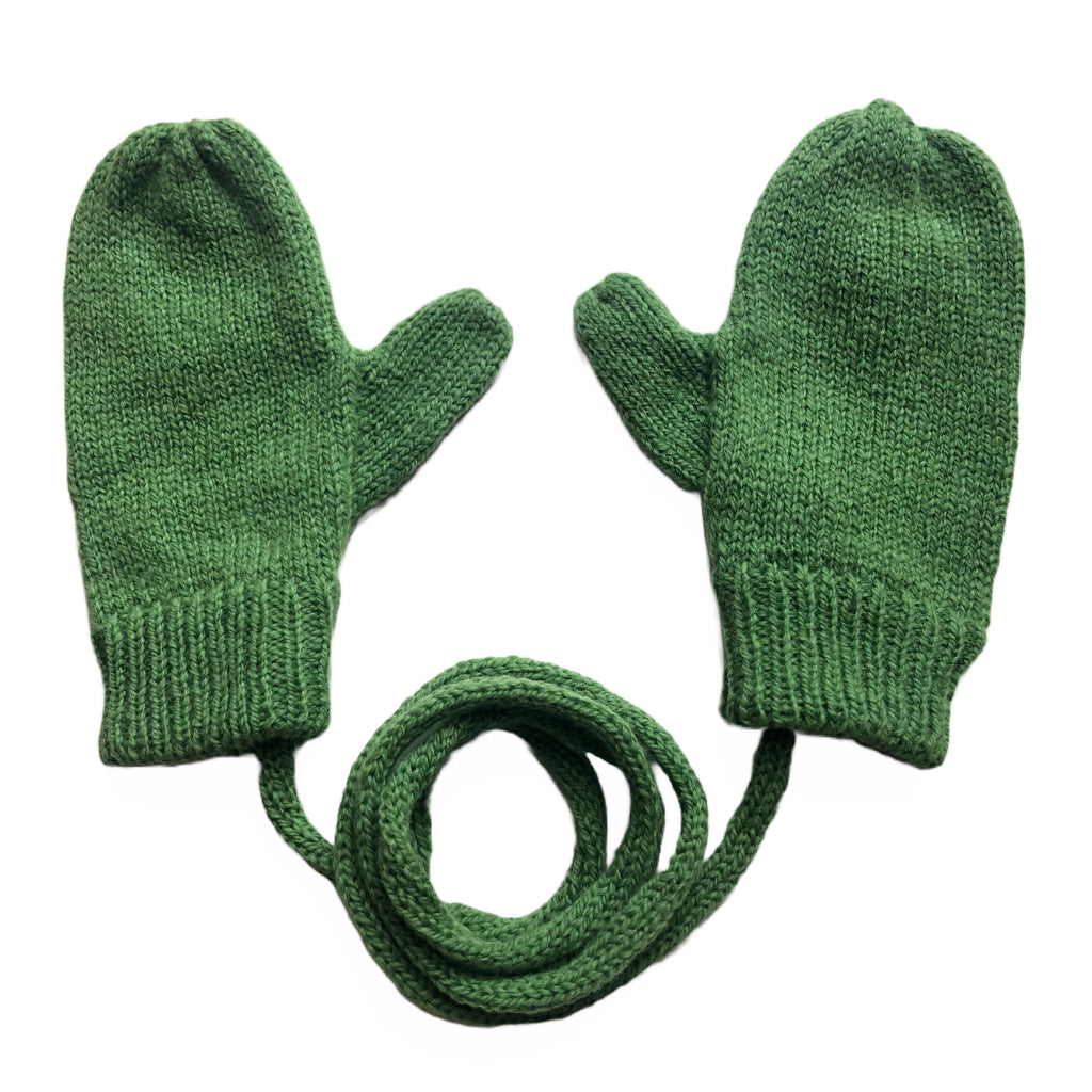 Green Lambswool Mittens on a String: Kids Knit Gloves