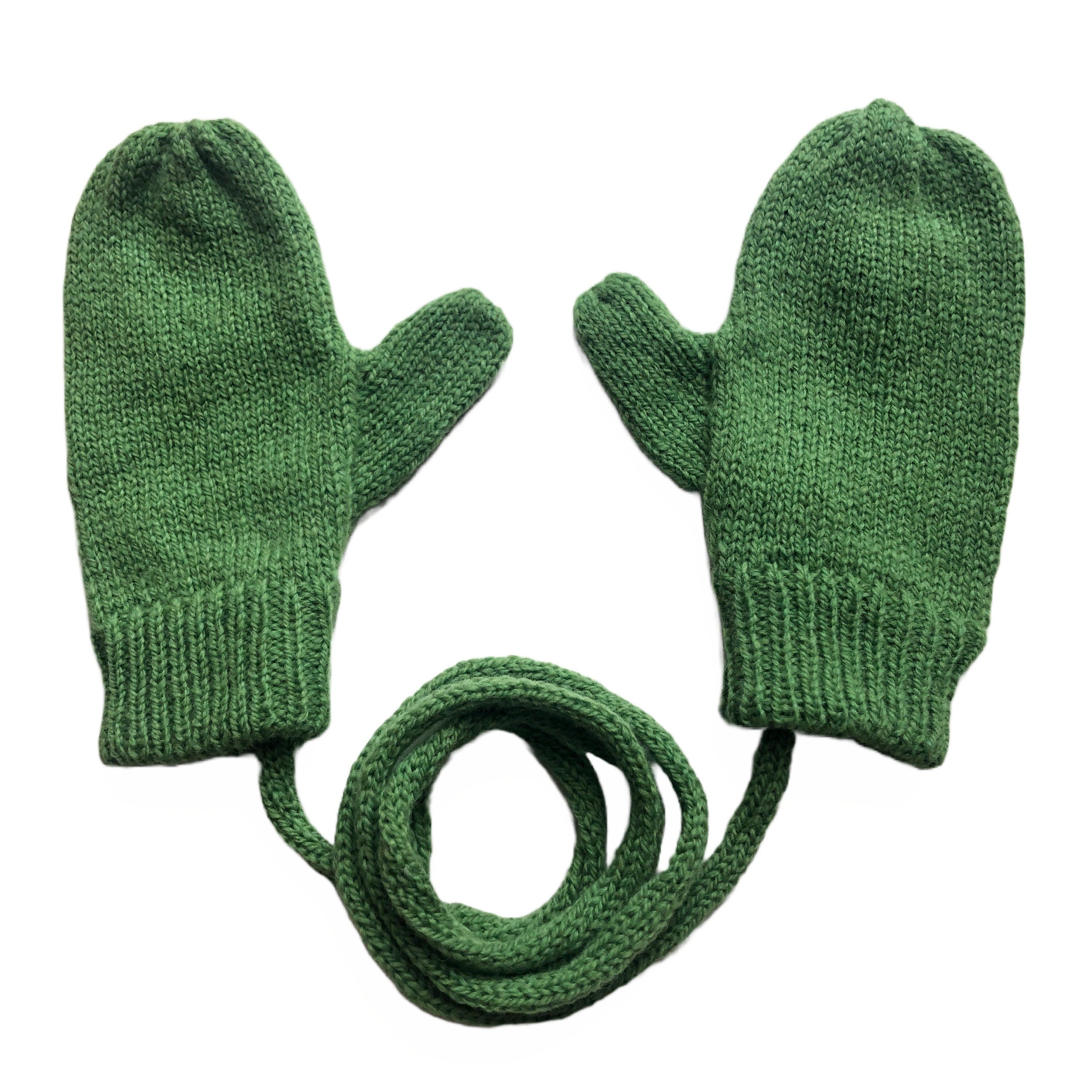 Green Lambswool Mittens on a String: Kids Knit Gloves