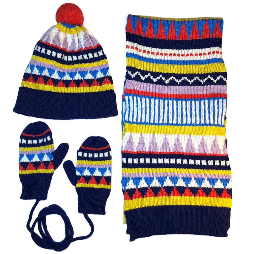 Kids Mittens on a string - Navy Fairisle Lambswool Knitted Gloves