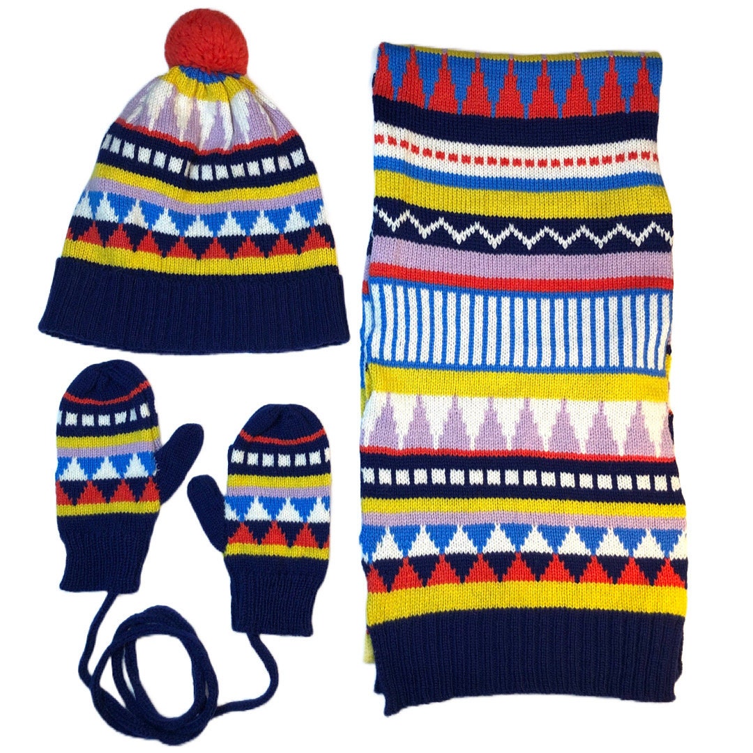 Kids Mittens on a string - Navy Fairisle Lambswool Knitted Gloves