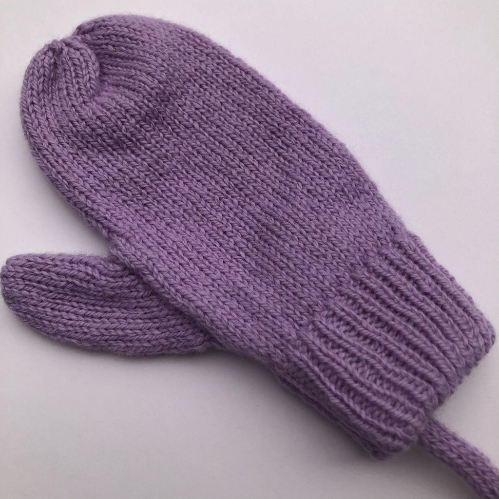 Lilac Lambswool Mittens on a String: Hand-Knitted Kids Gloves