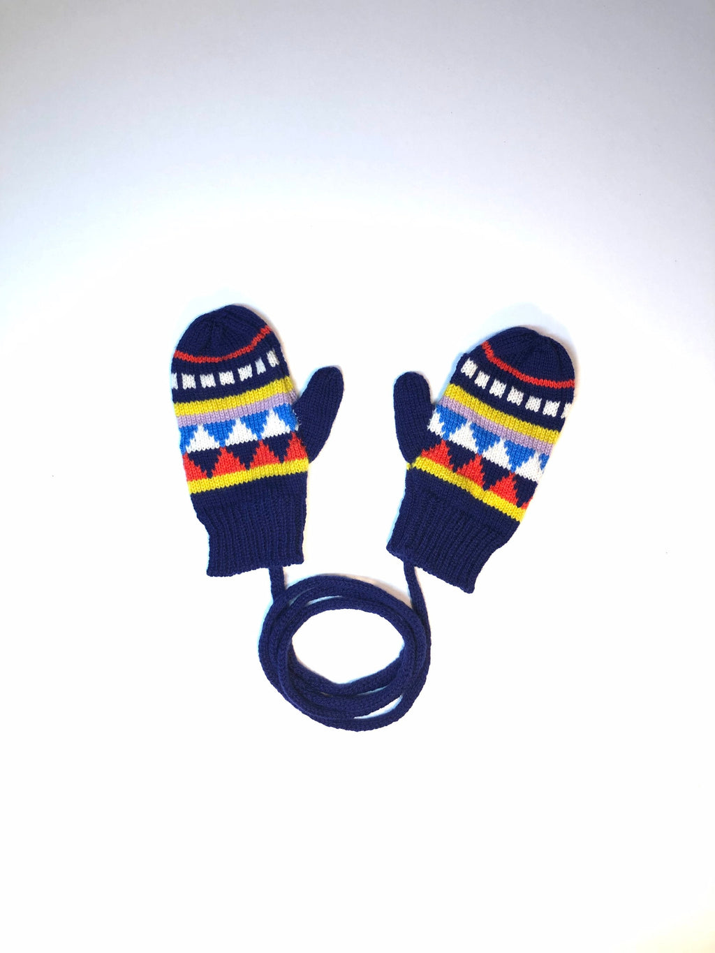 Kids Mittens on a string - Navy Fairisle Lambswool Knitted Gloves