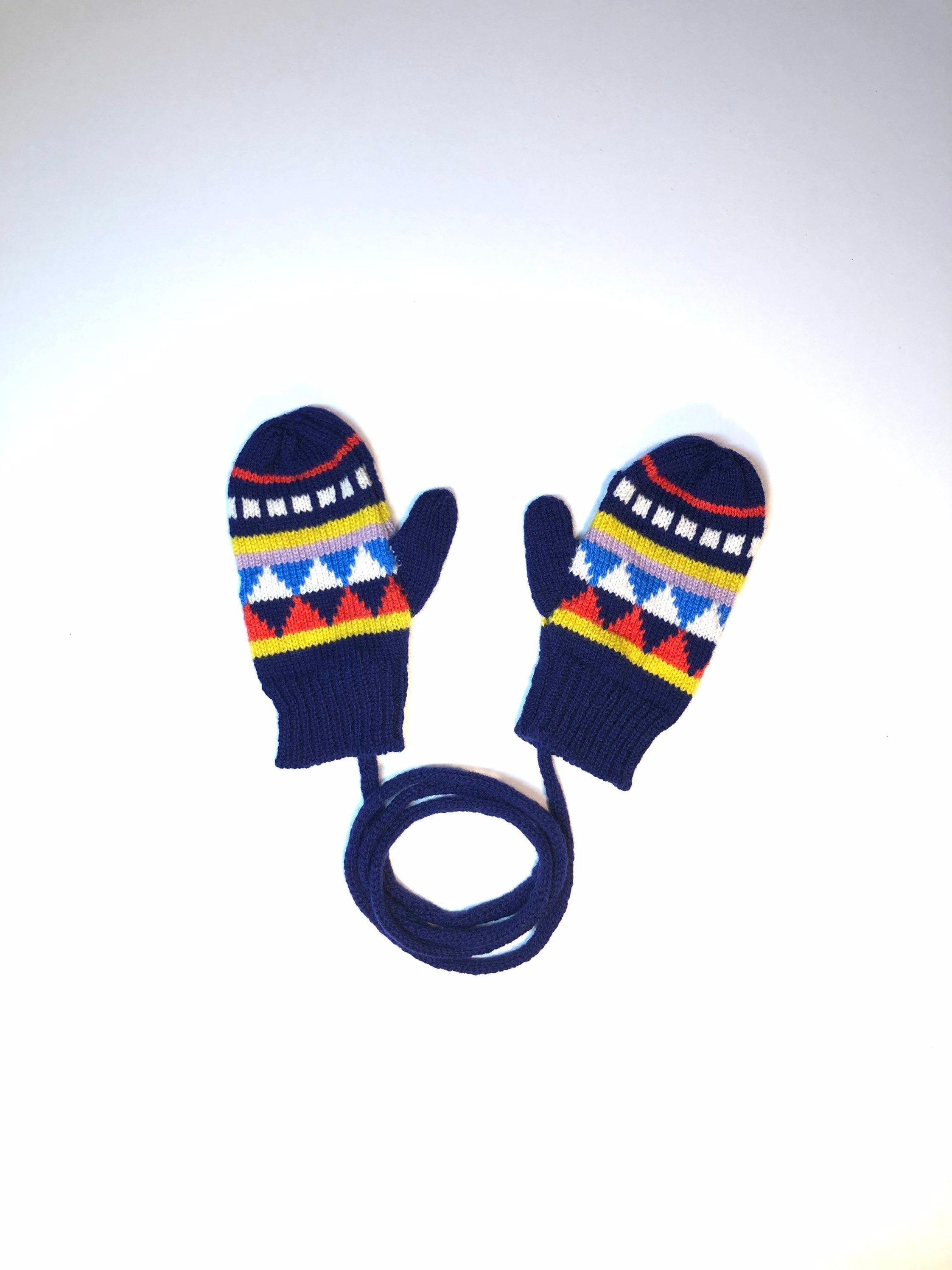 Kids Mittens on a string - Navy Fairisle Lambswool Knitted Gloves