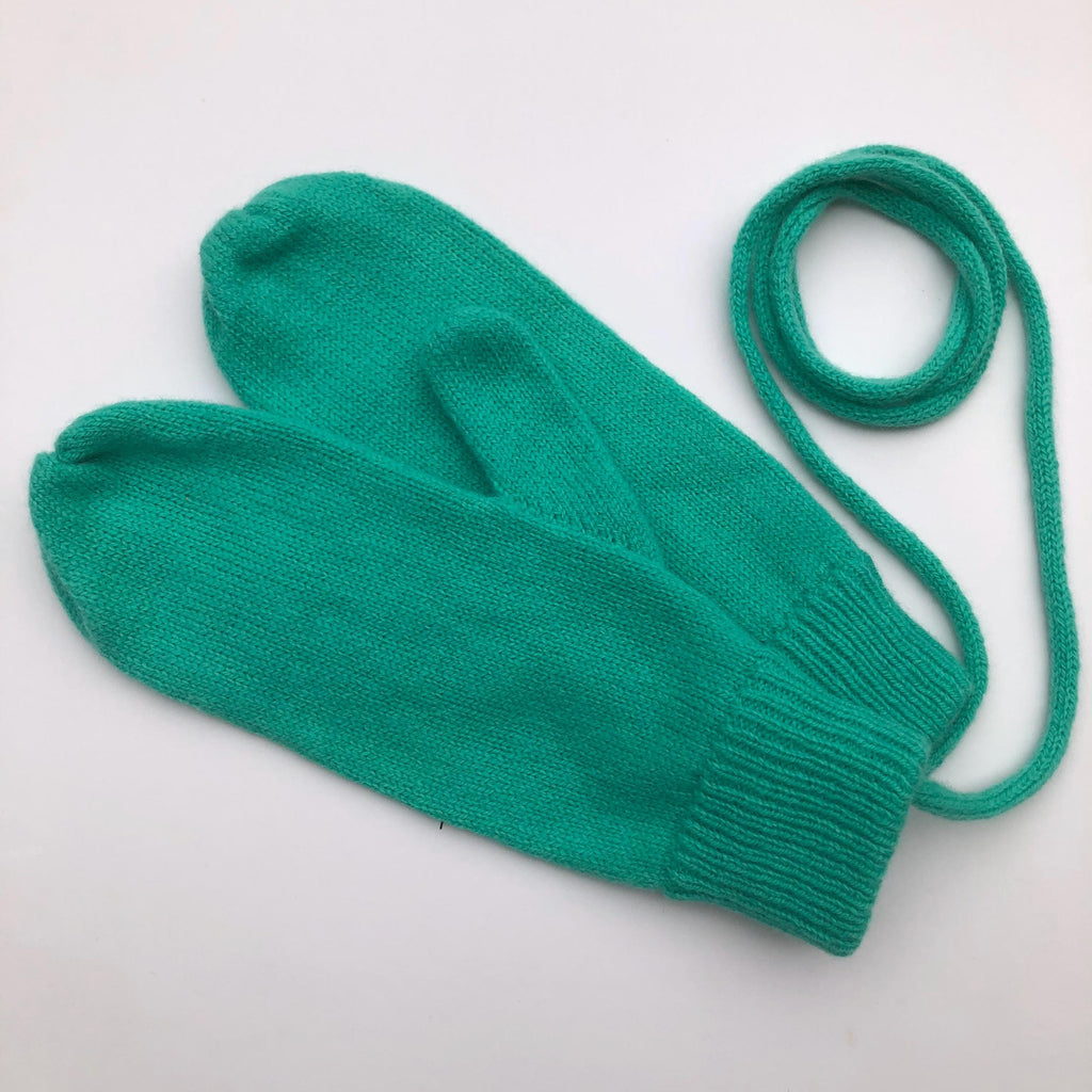 Mint Green Mittens on a String for Women / Lambswool Knitted Gloves