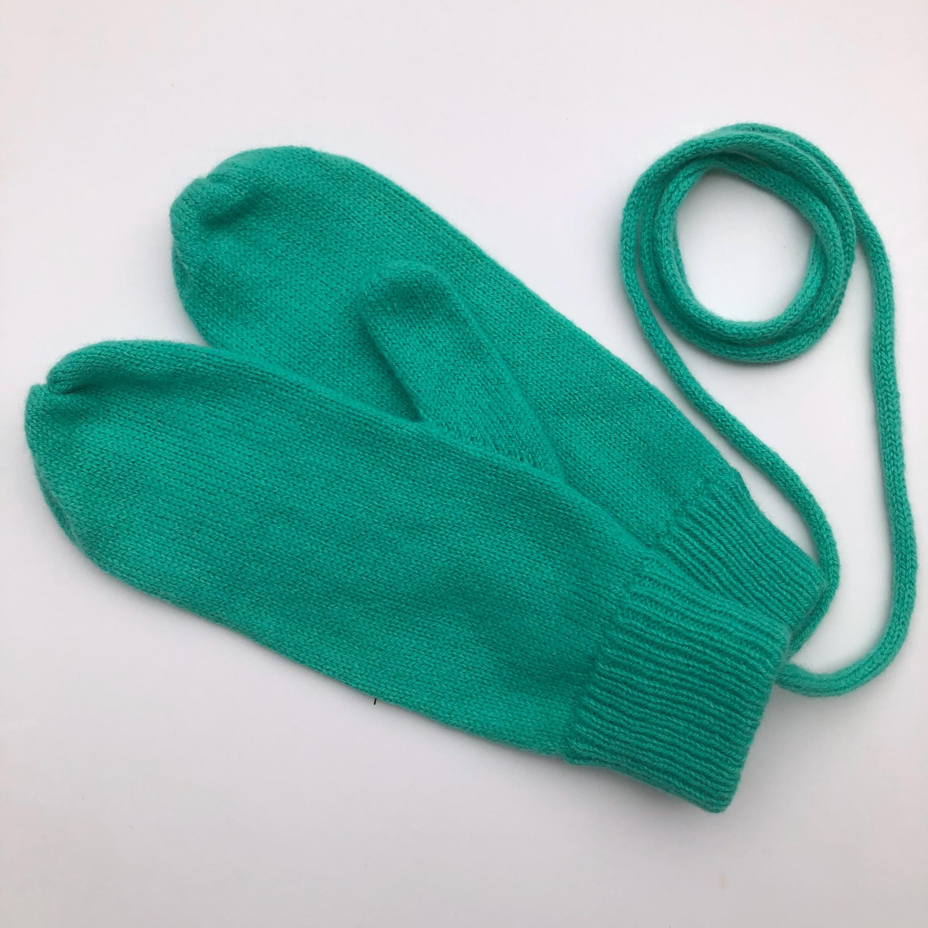 Mint Green Mittens on a String for Women / Lambswool Knitted Gloves