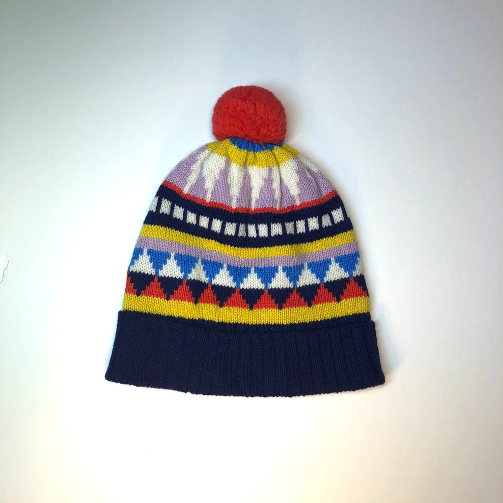 Fair Isle Lambswool Kids Beanie: Geometric Knit Bobble Hat