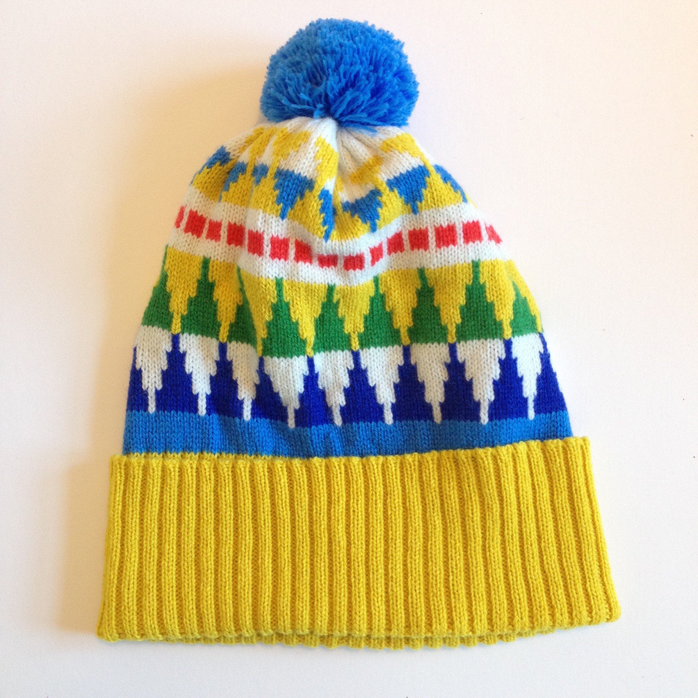 Knitted Lambswool Bobble Hat / Geometric Fairisle Winter Woolly Hat - Adult Size Beanie