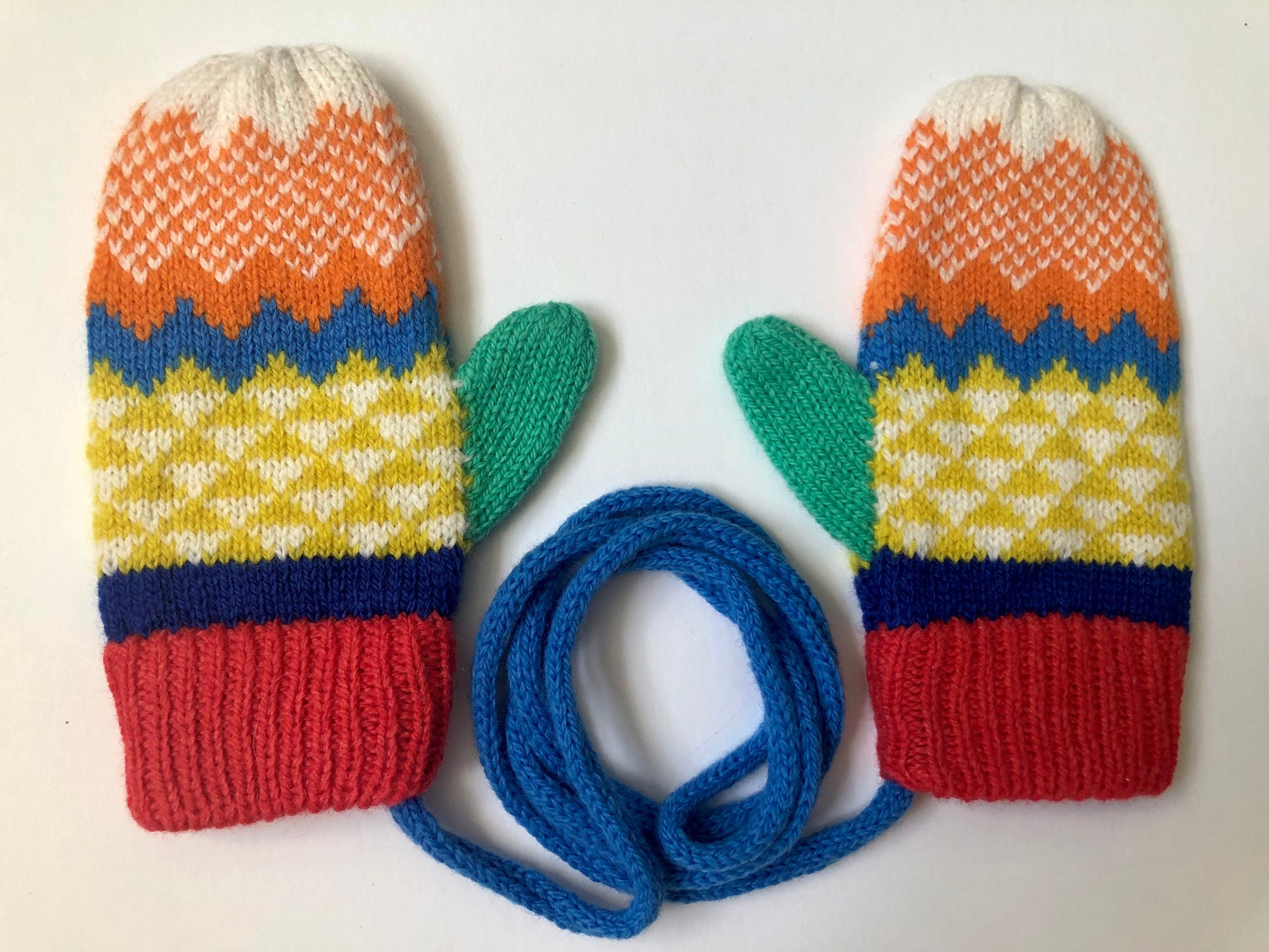 Fair Isle Lambswool Kids Mittens on a String: Colorful Knit