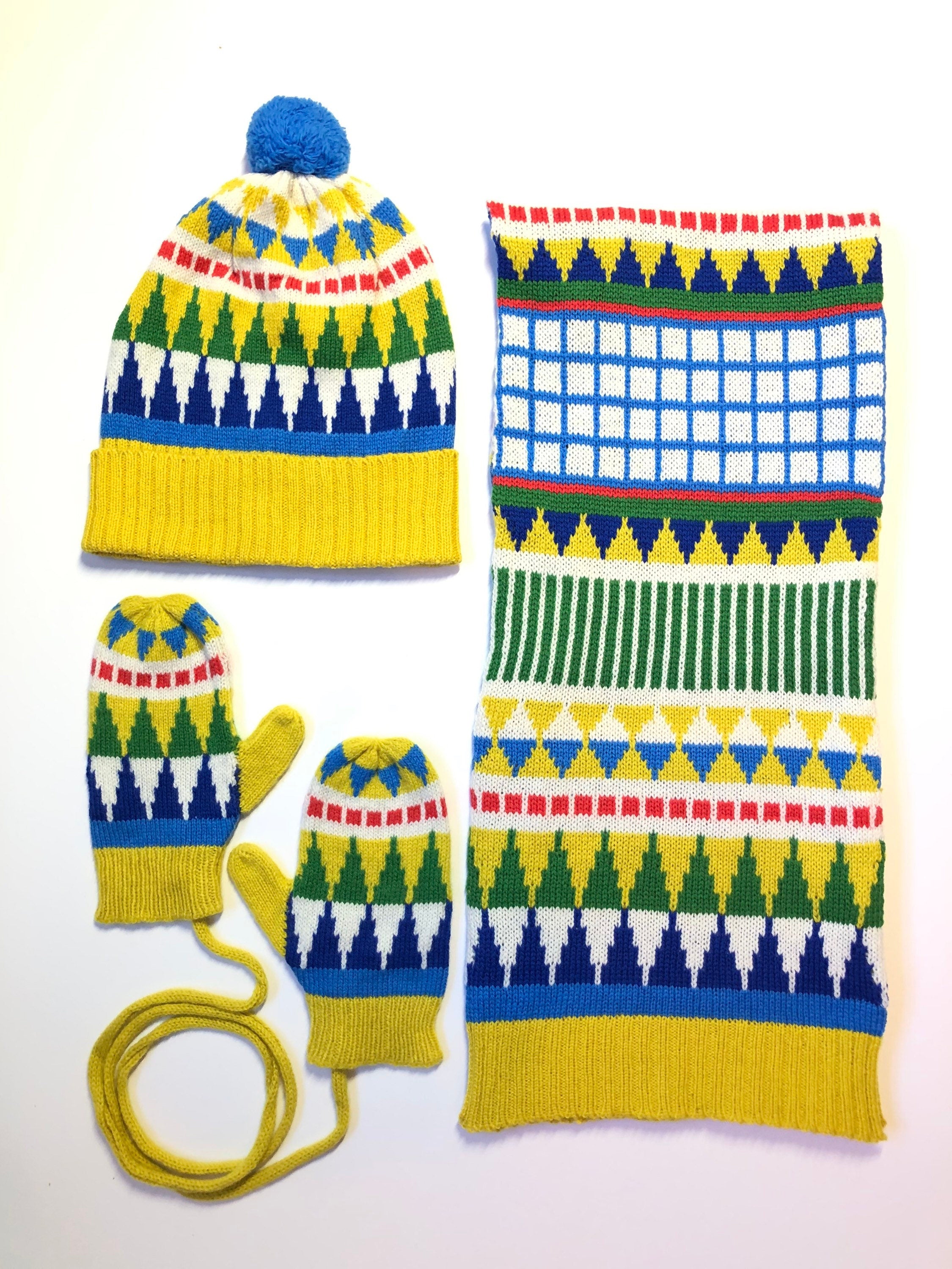 Yellow Knitted Kids Scarf - Geometric Fairisle Lambswool Design / Childrens Scarf