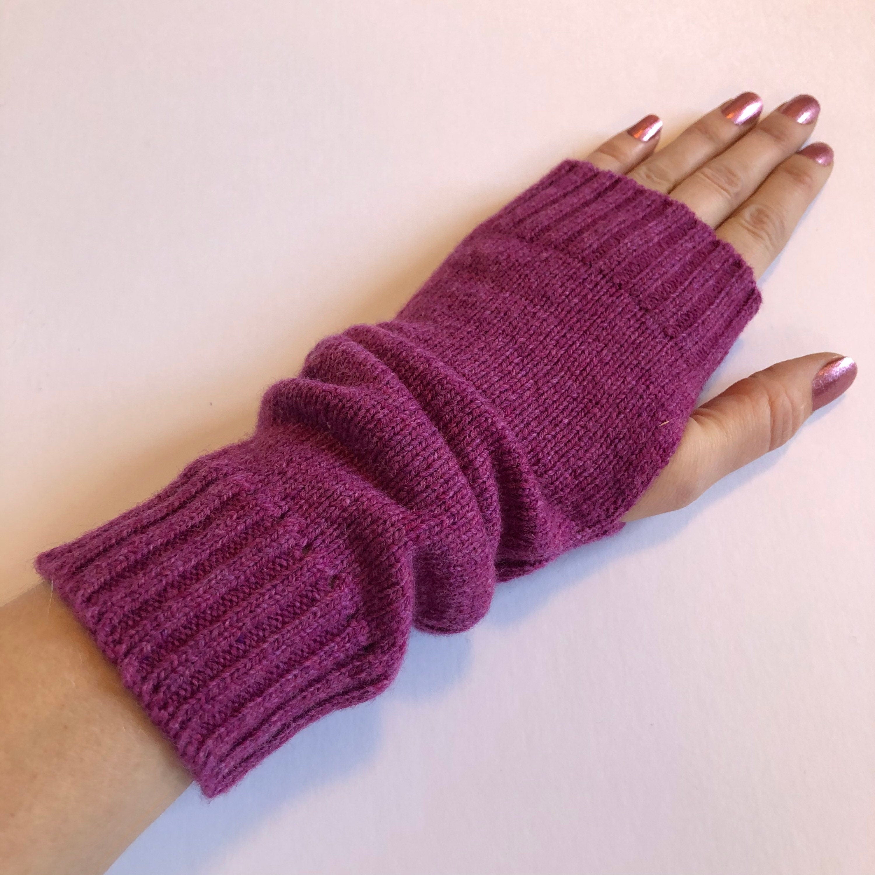 Loganberry Lambswool Fingerless Gloves: Hand Knitted Wrist Warmers