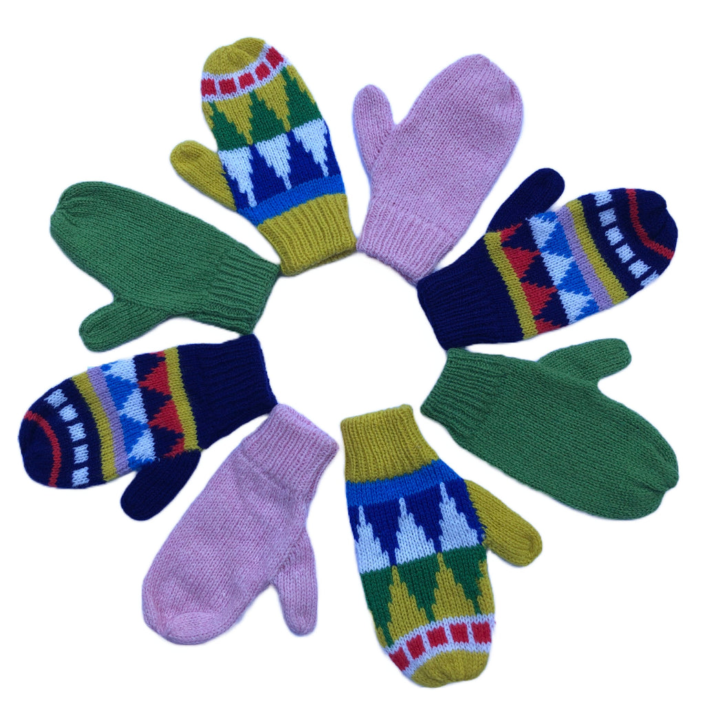 Green Lambswool Mittens on a String: Kids Knit Gloves
