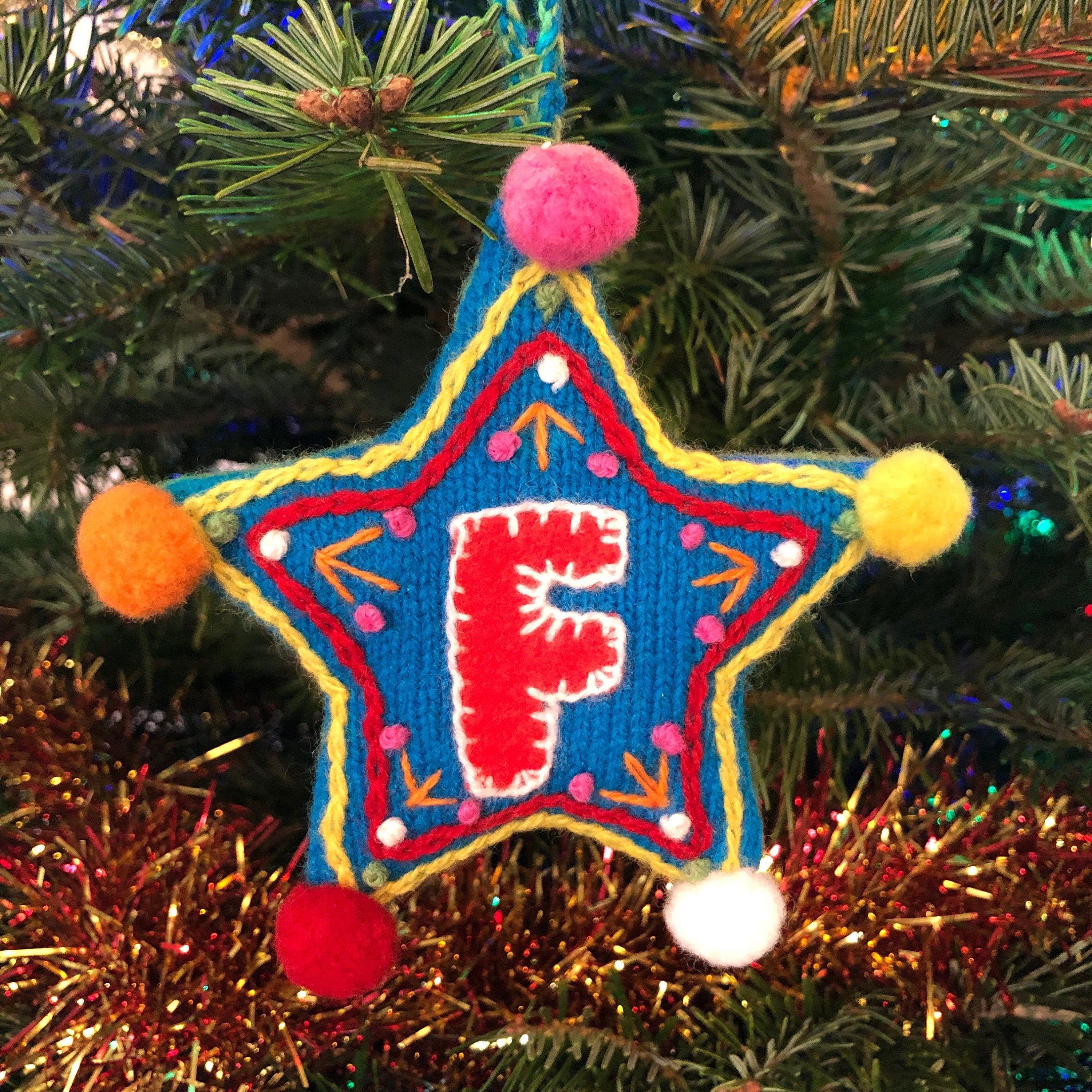Letter Christmas Decoration / Alphabet Hanging Ornament / Festive Knitted and Embroidered Bauble / Teal base colour