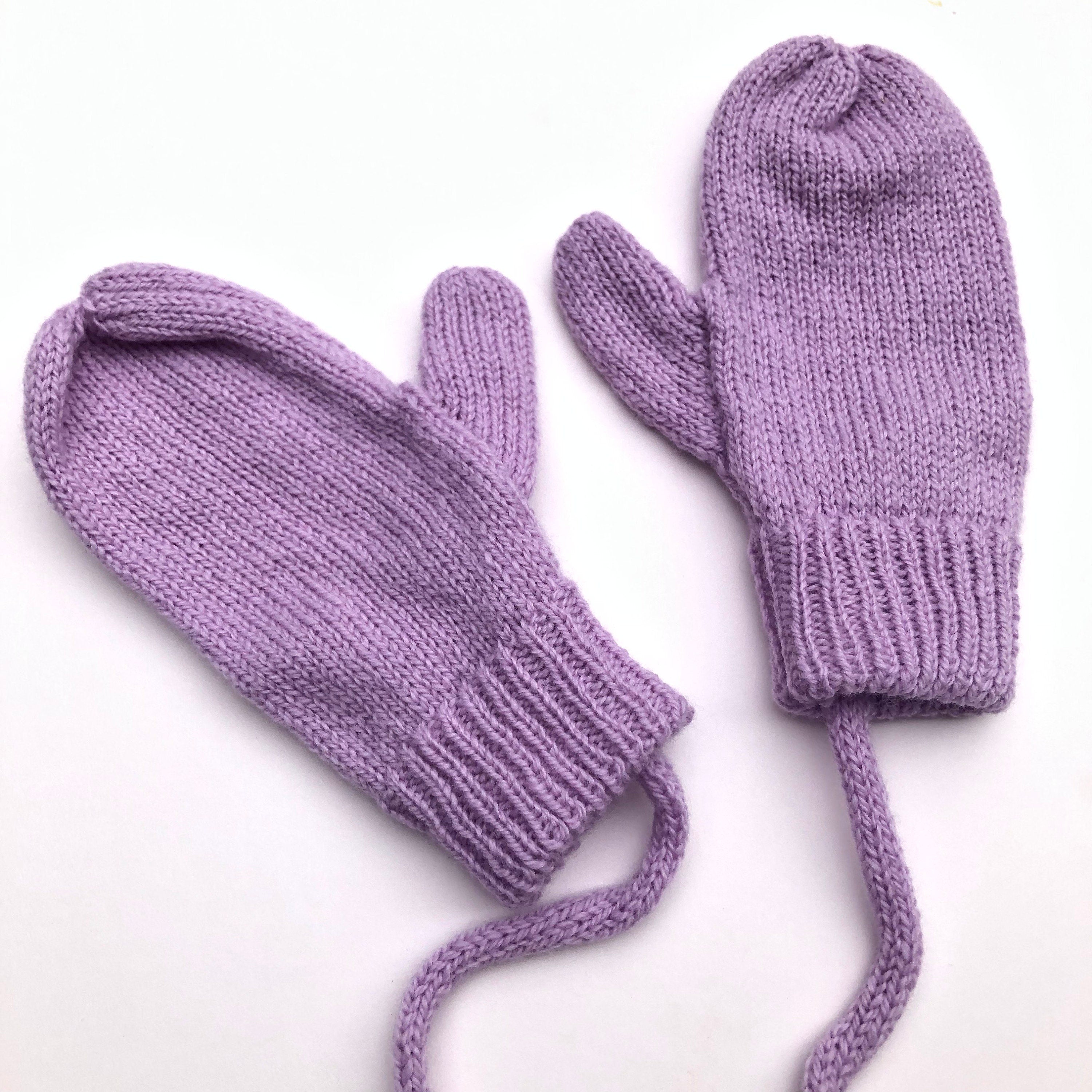 Lilac Lambswool Mittens on a String: Hand-Knitted Kids Gloves