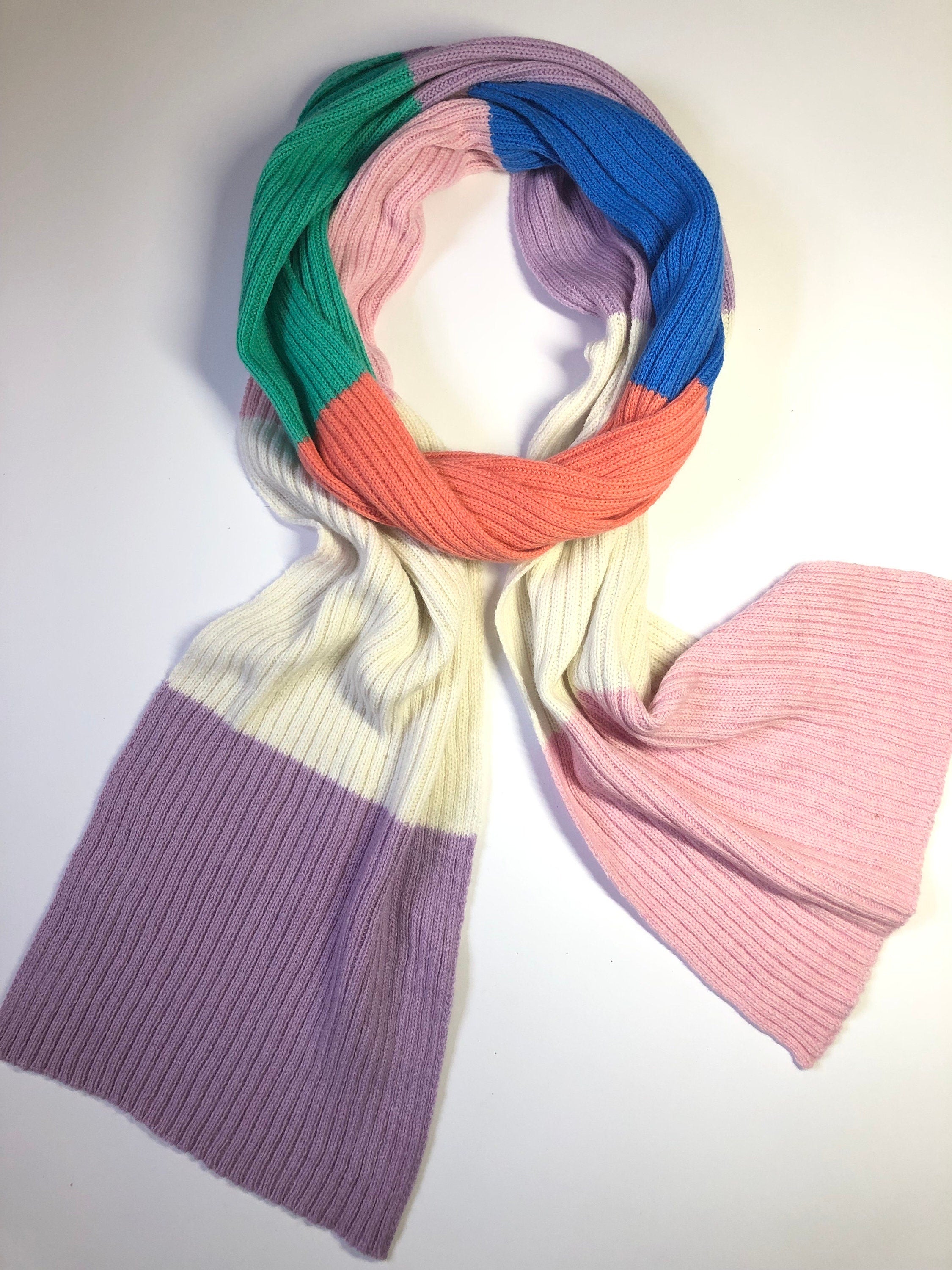 Handmade Colourblock Lambswool Scarf: Ribbed Knit Neck Warmer