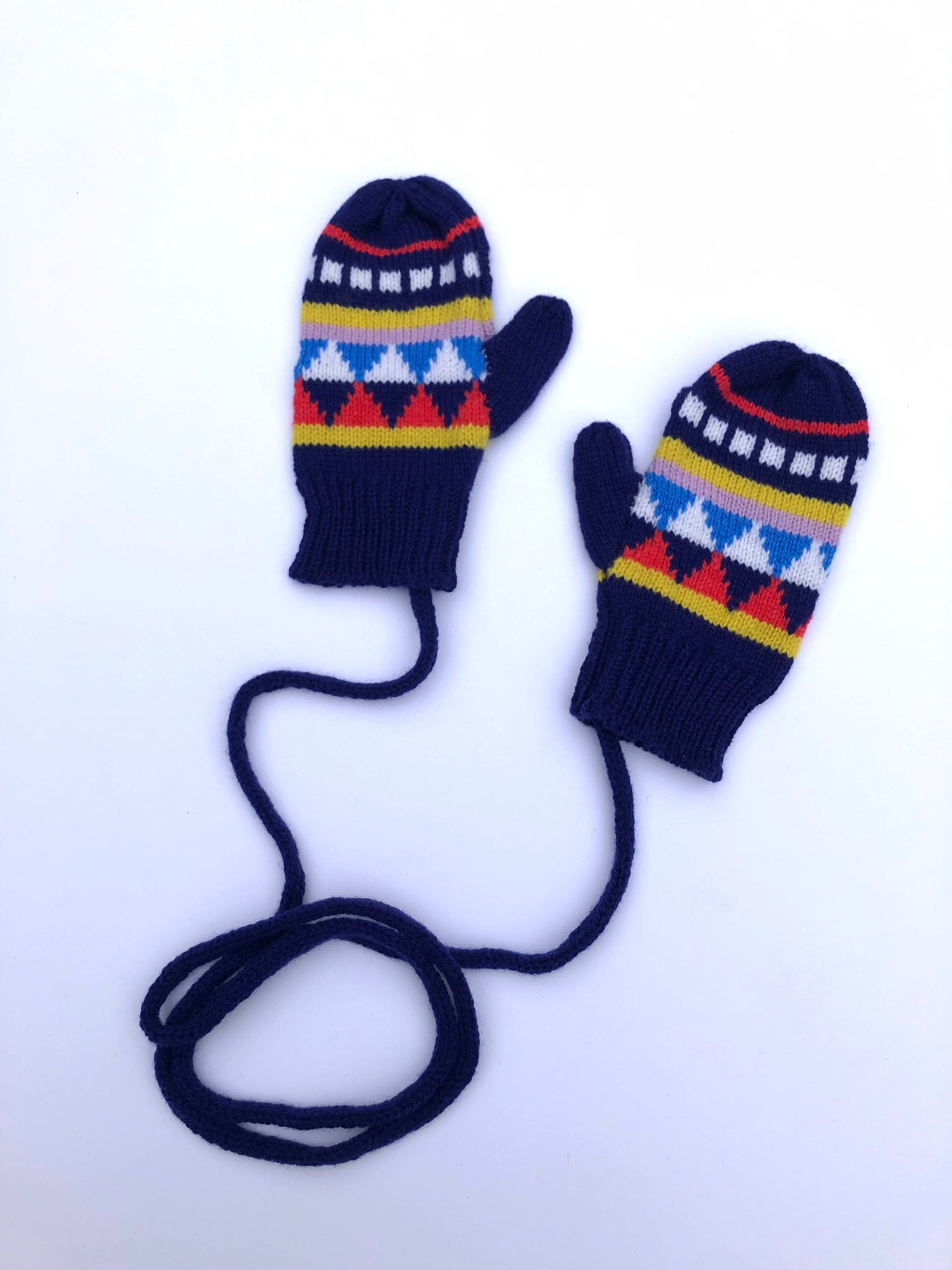 Kids Mittens on a string - Navy Fairisle Lambswool Knitted Gloves