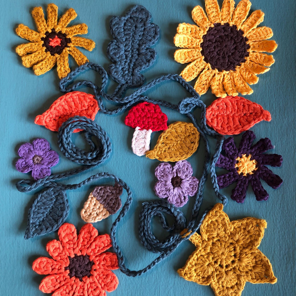 Autumn/Fall Garland of Flowers and Leaves handmade in Crochet