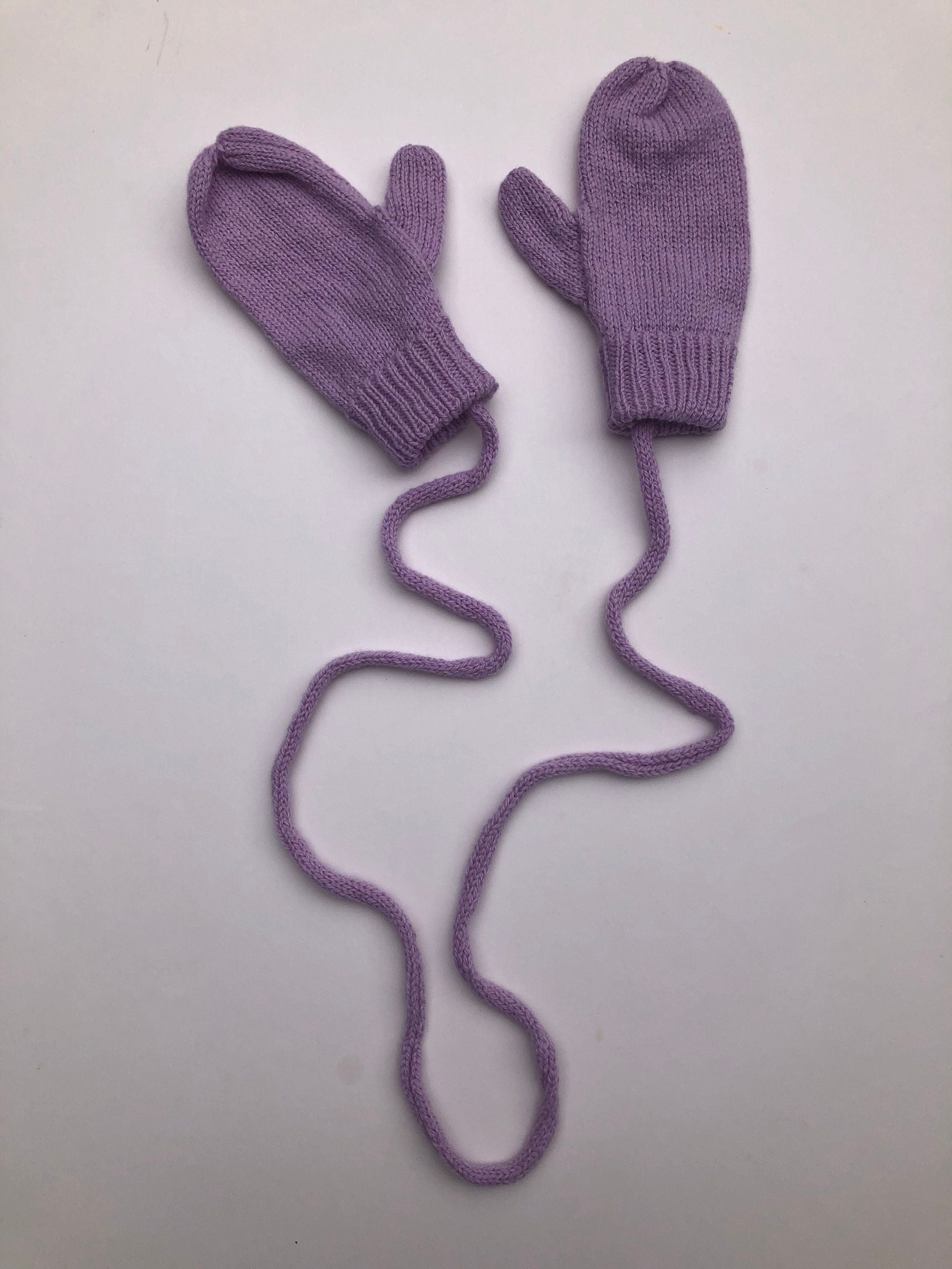 Lilac Lambswool Mittens on a String: Hand-Knitted Kids Gloves