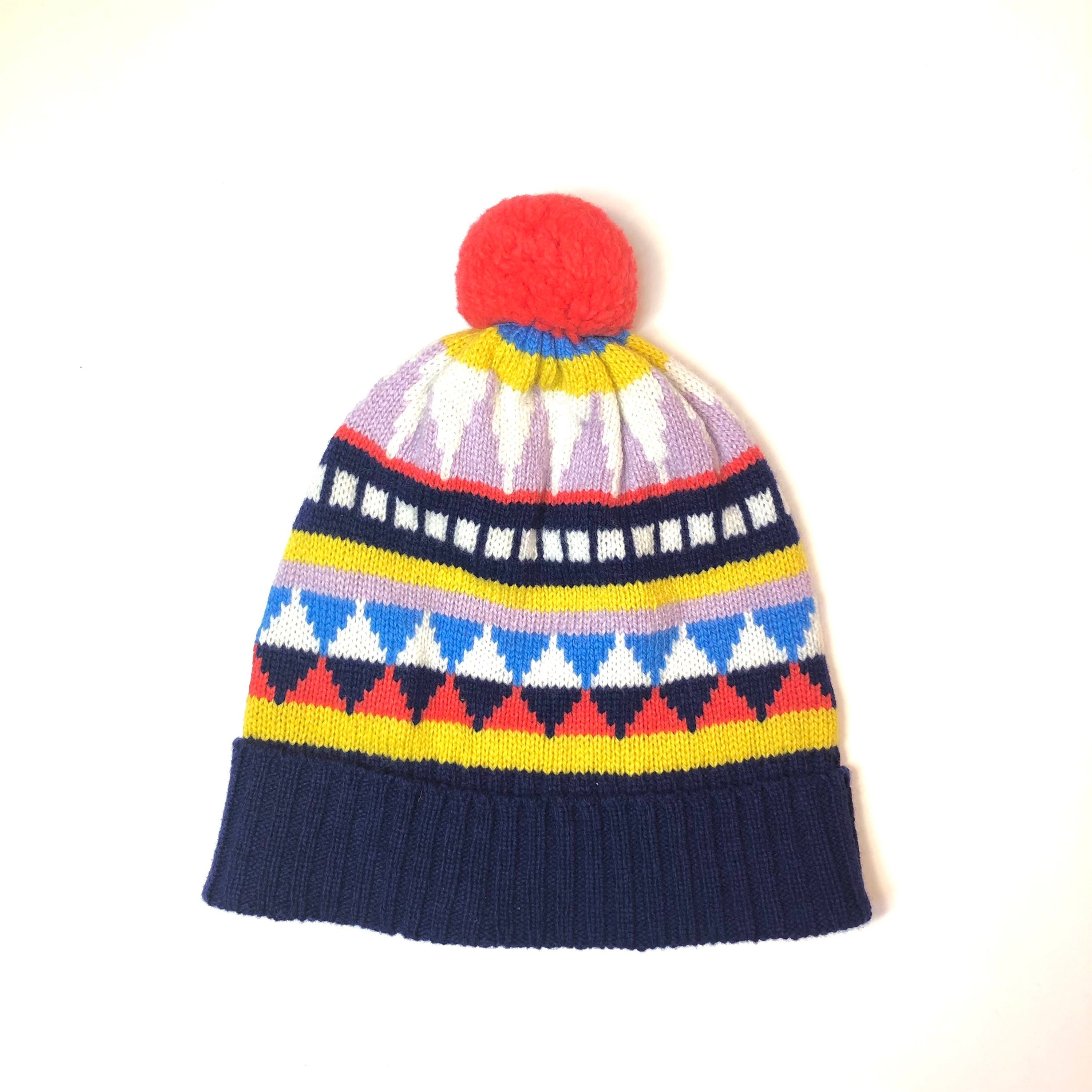 Fair Isle Lambswool Kids Beanie: Geometric Knit Bobble Hat
