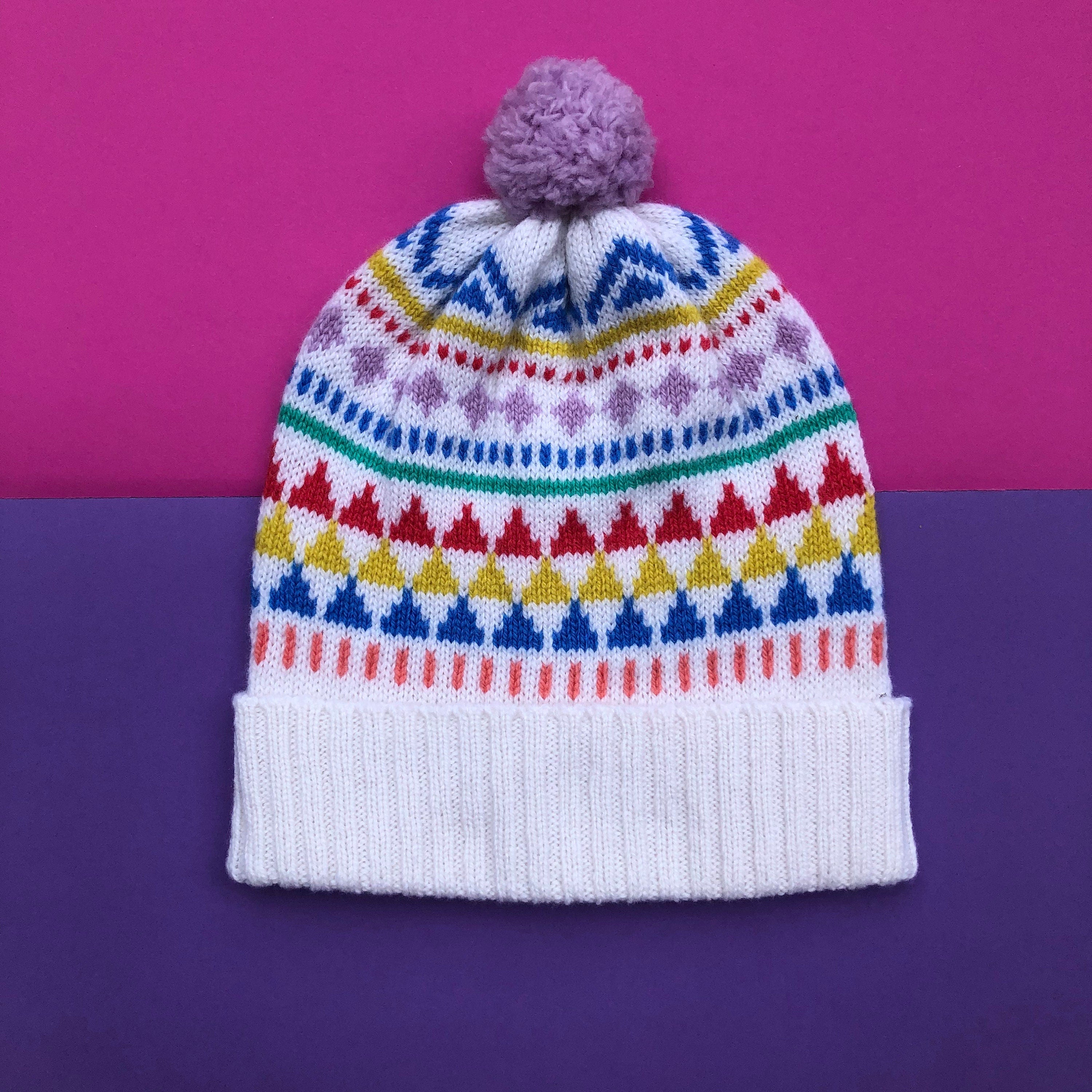 Kids Lambswool Bobble Hat: Geometric Fair Isle Beanie