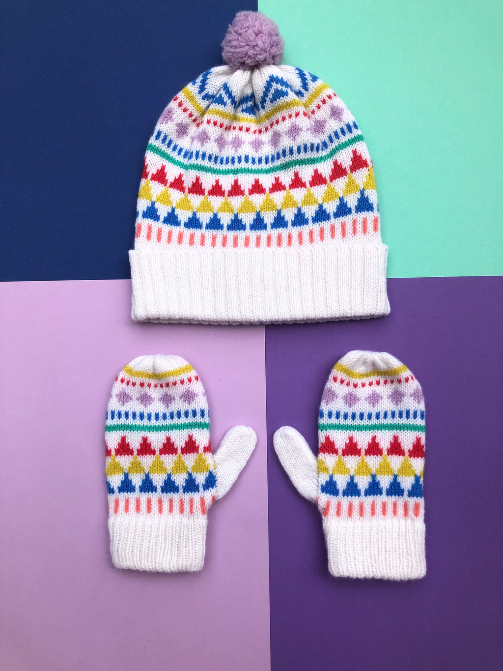 Kids Lambswool Bobble Hat: Geometric Fair Isle Beanie