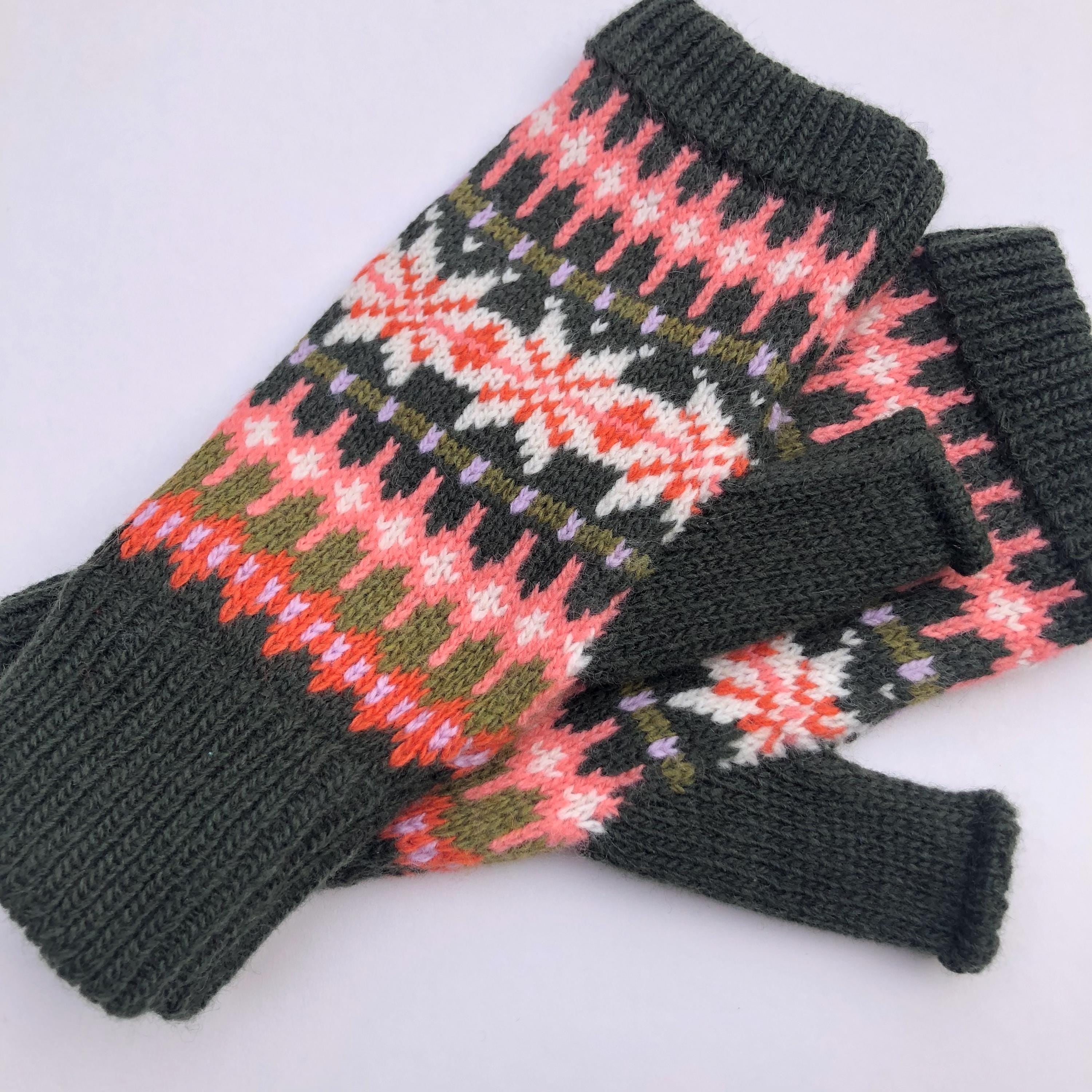 Green Fairisle Fingerless Gloves for Women - Knitted in Soft Lambswool.