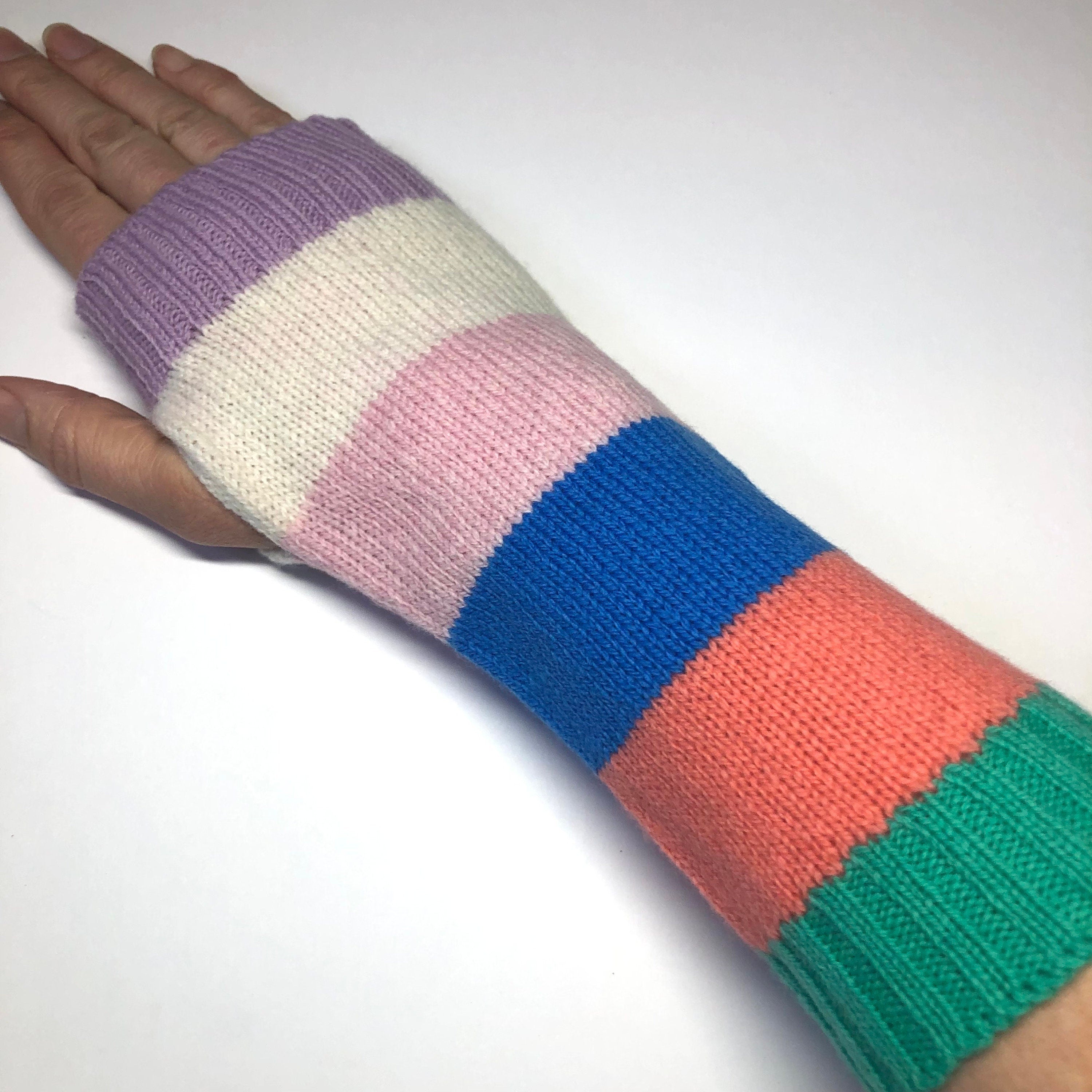 Handmade Lambswool Fingerless Gloves: Knitted Stripy Wrist Warmers